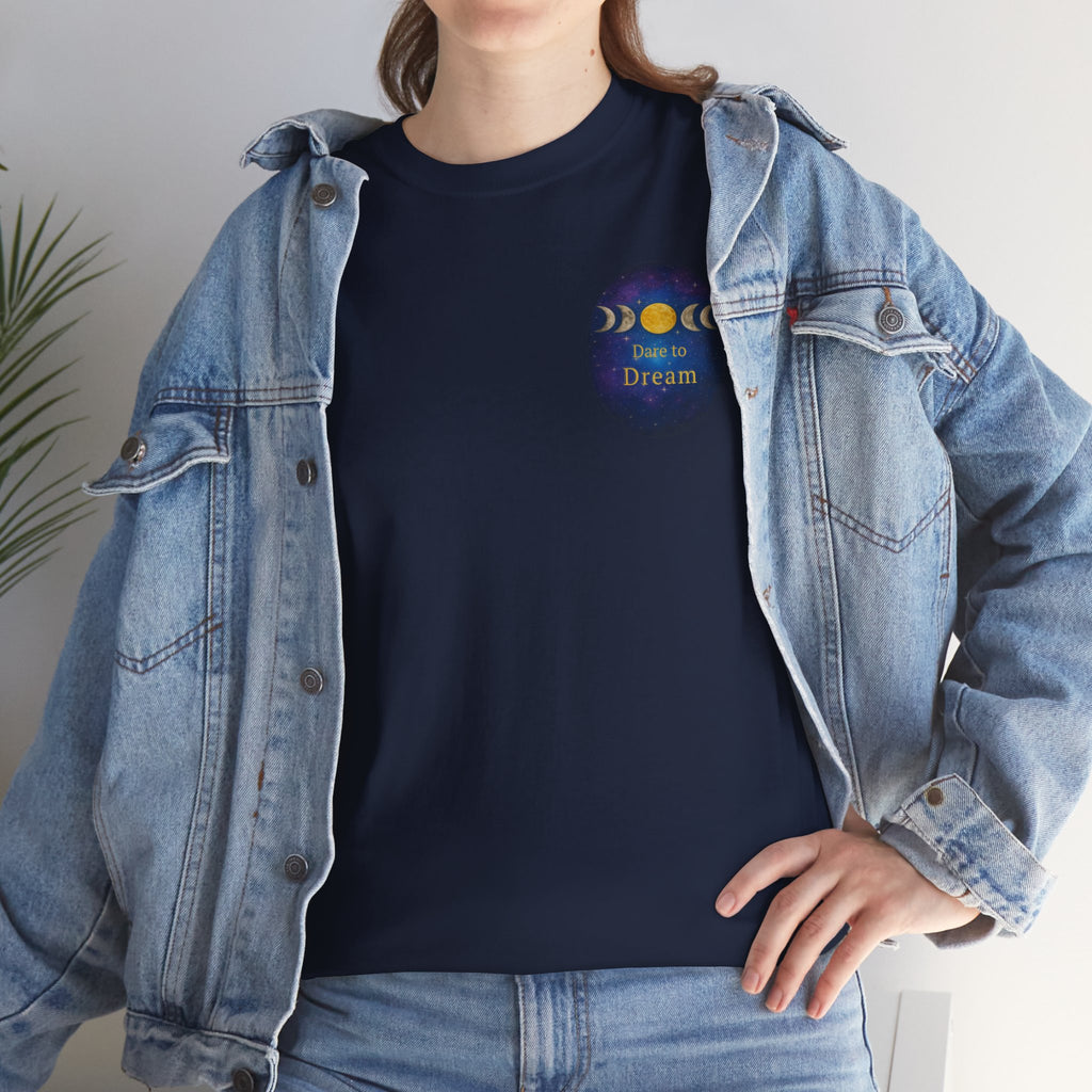 Dare to Dream Moon-Phase Tee – Golden Full Moon Back Print + Front Badge | Gildan 5000 Heavy Cotton, Inspirational and Motivational Apparel, Gift for Dreamers, Creative Expression Wear