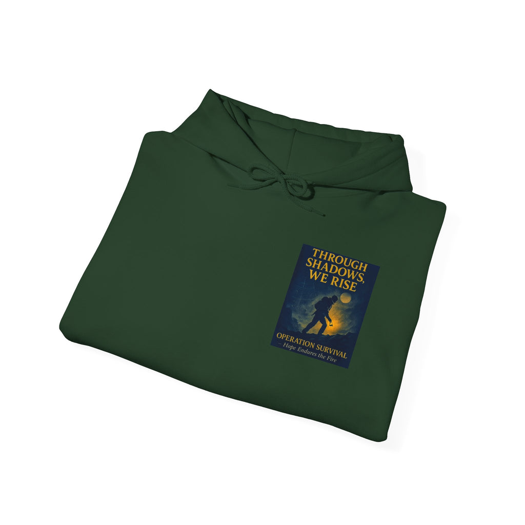 Through Shadows, We Rise – Back-print Cinematic Artwork Operation Survival Hoodie  | Gildan Heavy Blend™ 18500 — Inspirational and Motivational Apparel, Gift for Dreamers, Creative Expression Wear