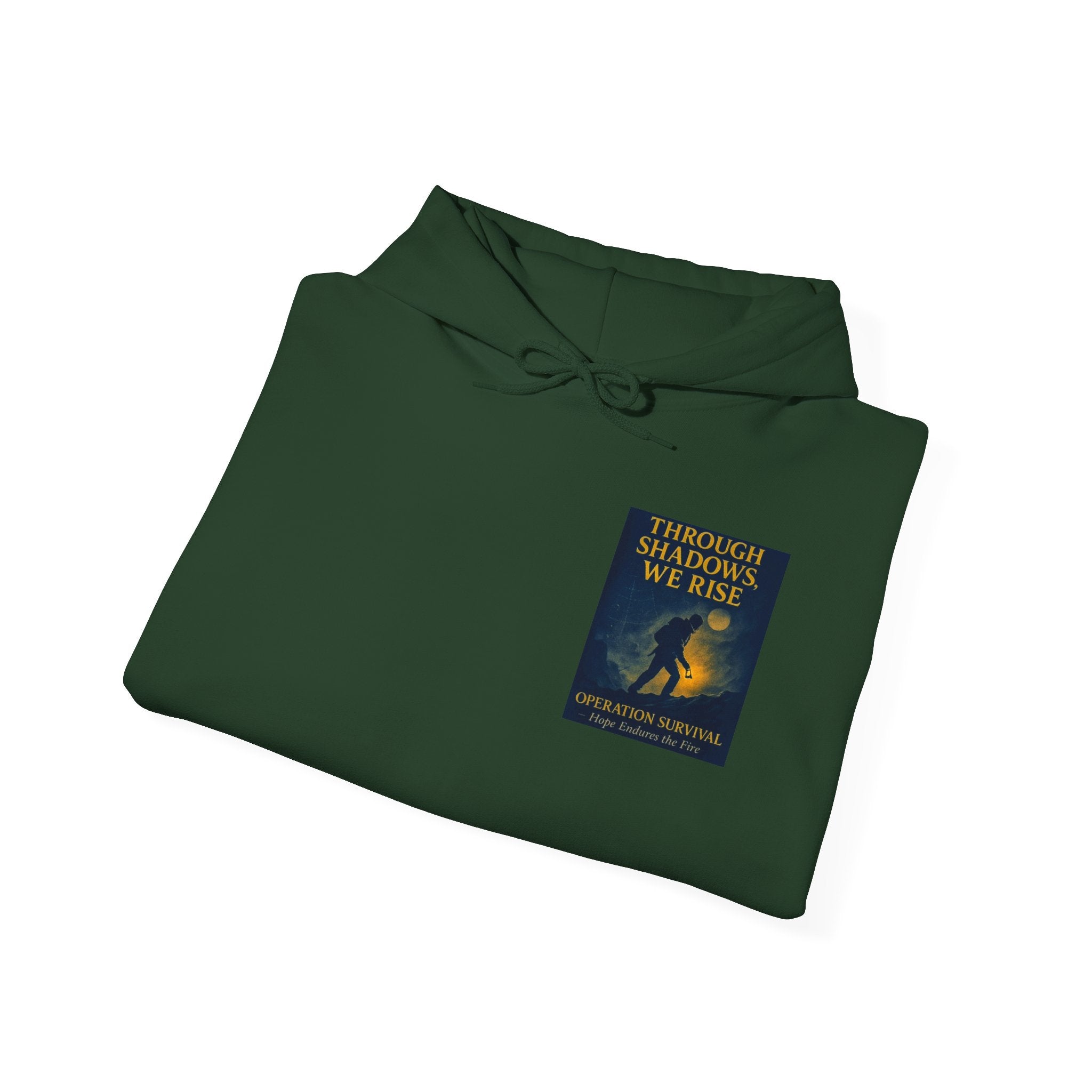 Through Shadows, We Rise – Back-print Cinematic Artwork Operation Survival Hoodie  | Gildan Heavy Blend™ 18500 — Inspirational and Motivational Apparel, Gift for Dreamers, Creative Expression Wear