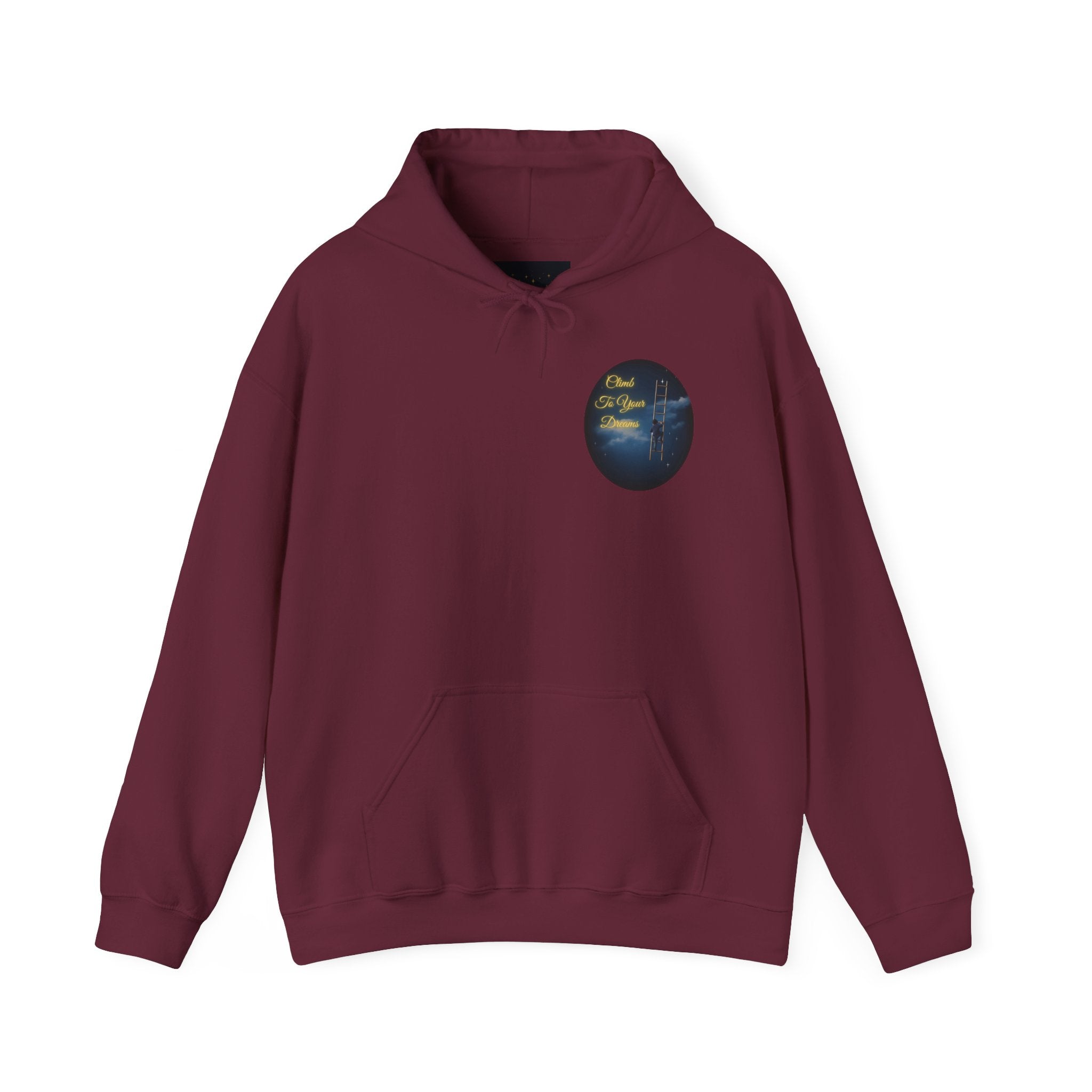 Climb To Your Dreams – Starry Night Ladder-to-Moon Back-Print Hoodie + Front Badge | Gildan 18500, Inspirational and Motivational Apparel, Gift for Dreamers, Creative Expression Wear