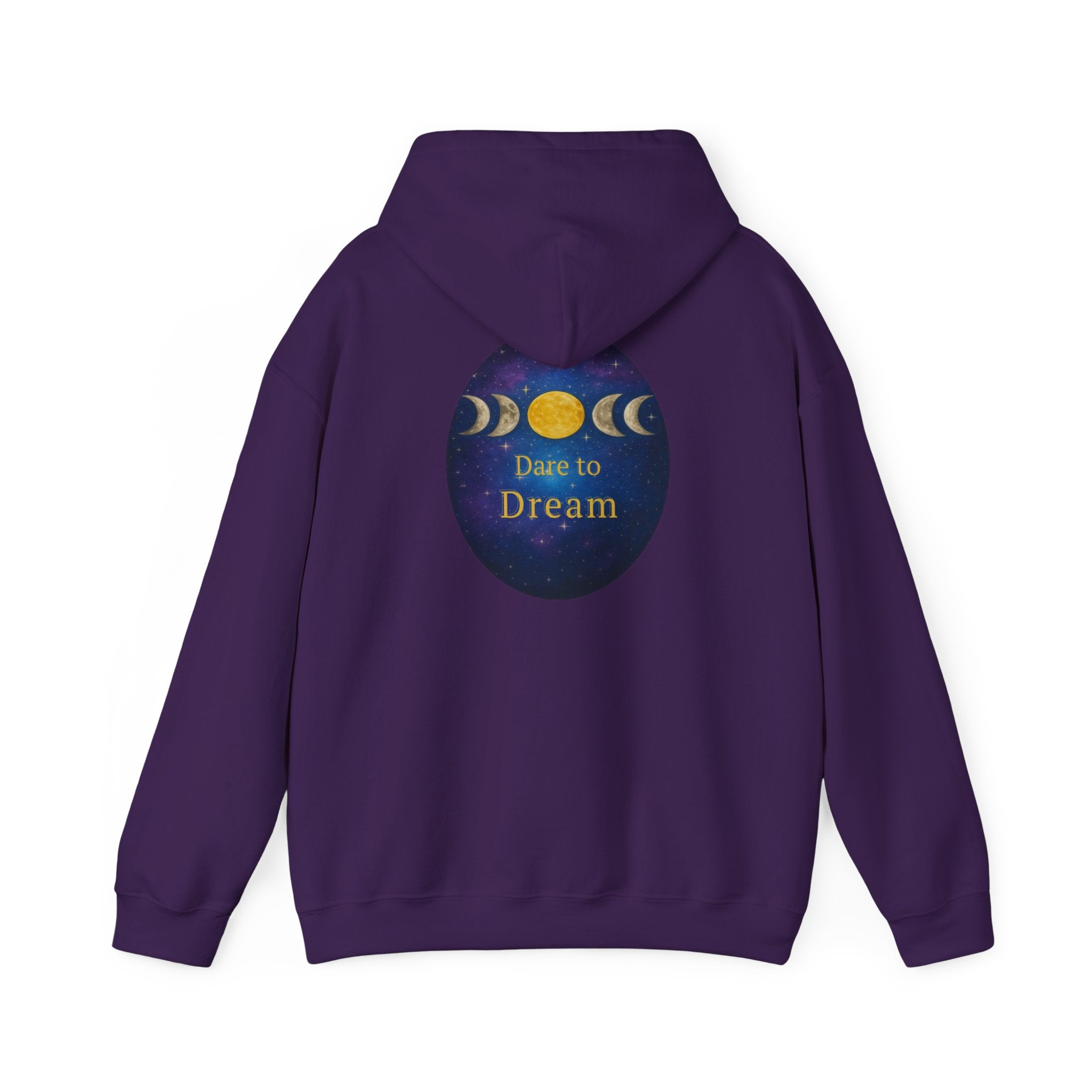 Dare to Dream Moon-Phase Hoodie | Back Glow Print + Front Badge | Heavy Blend™, Inspirational and Motivational Apparel, Gift for Dreamers, Creative Expression Wear