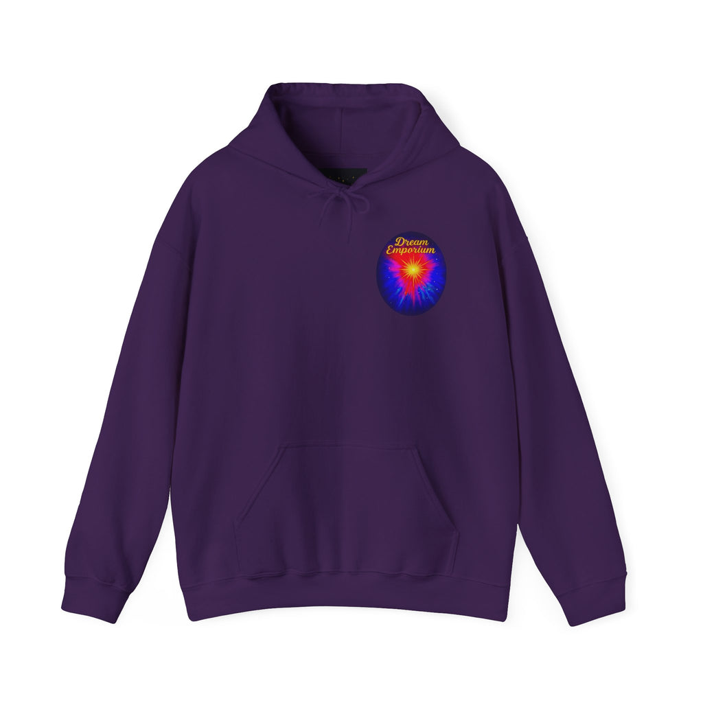 Dream Emporium – Back Printed Radiant Starburst Heavy Blend™ Hooded Sweatshirt, Inspirational and Motivational Apparel, Gift for Dreamers, Creative Expression Wear