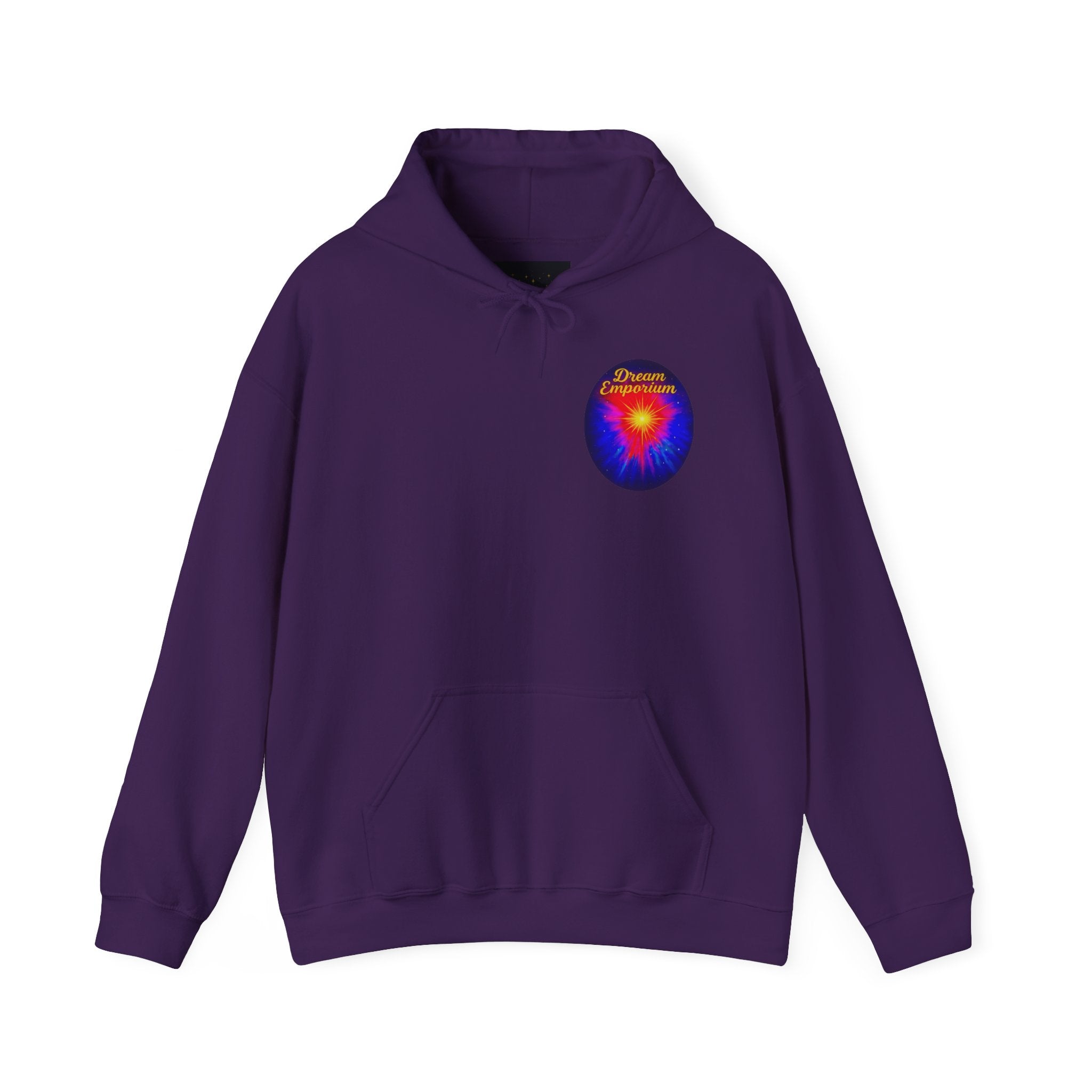 Dream Emporium – Back Printed Radiant Starburst Heavy Blend™ Hooded Sweatshirt, Inspirational and Motivational Apparel, Gift for Dreamers, Creative Expression Wear