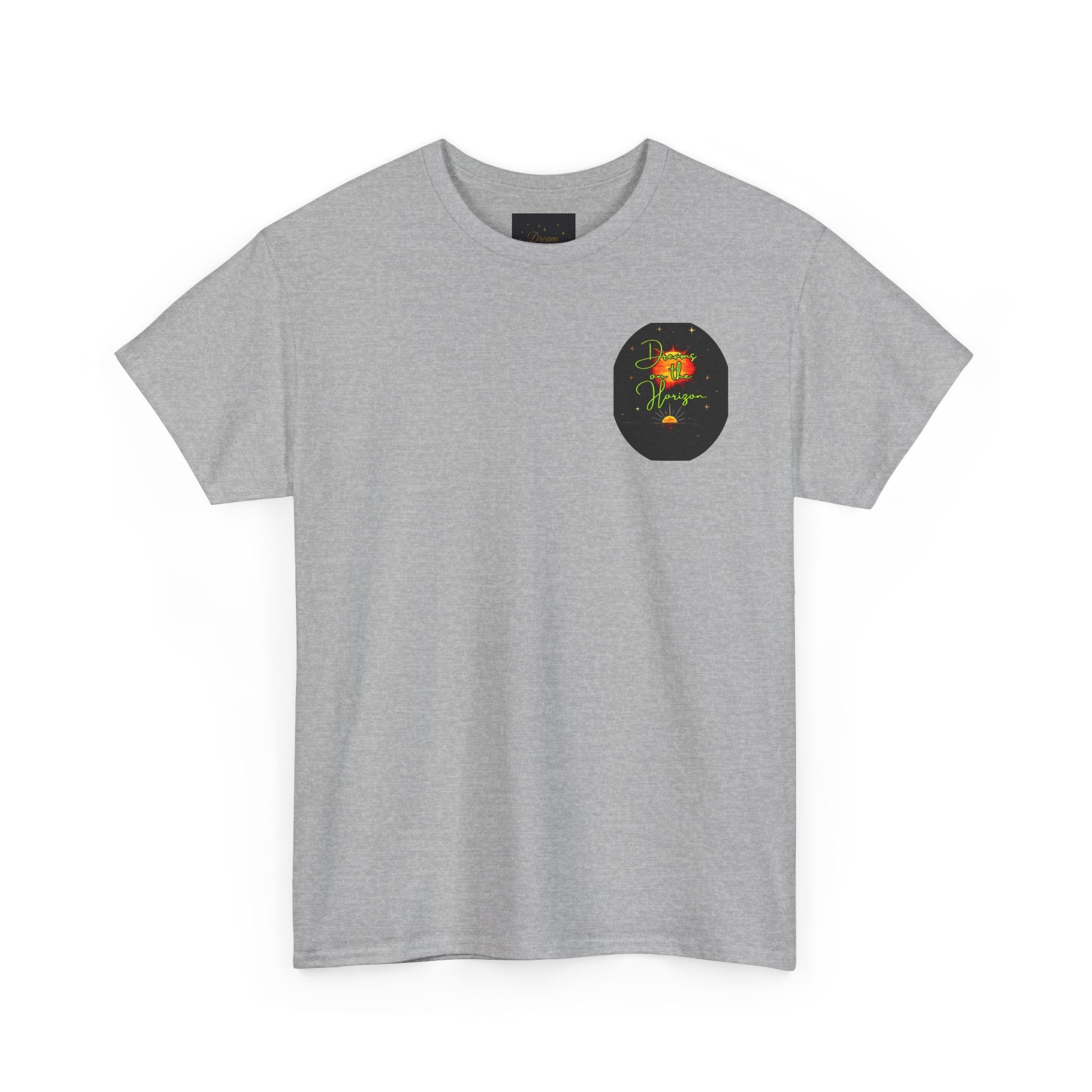 Dreams on the Horizon (Lemongrass) – Sunrise Back-Print Heavy Cotton Tee, Inspirational and Motivational Apparel, Gift for Dreamers, Creative Expression Wear