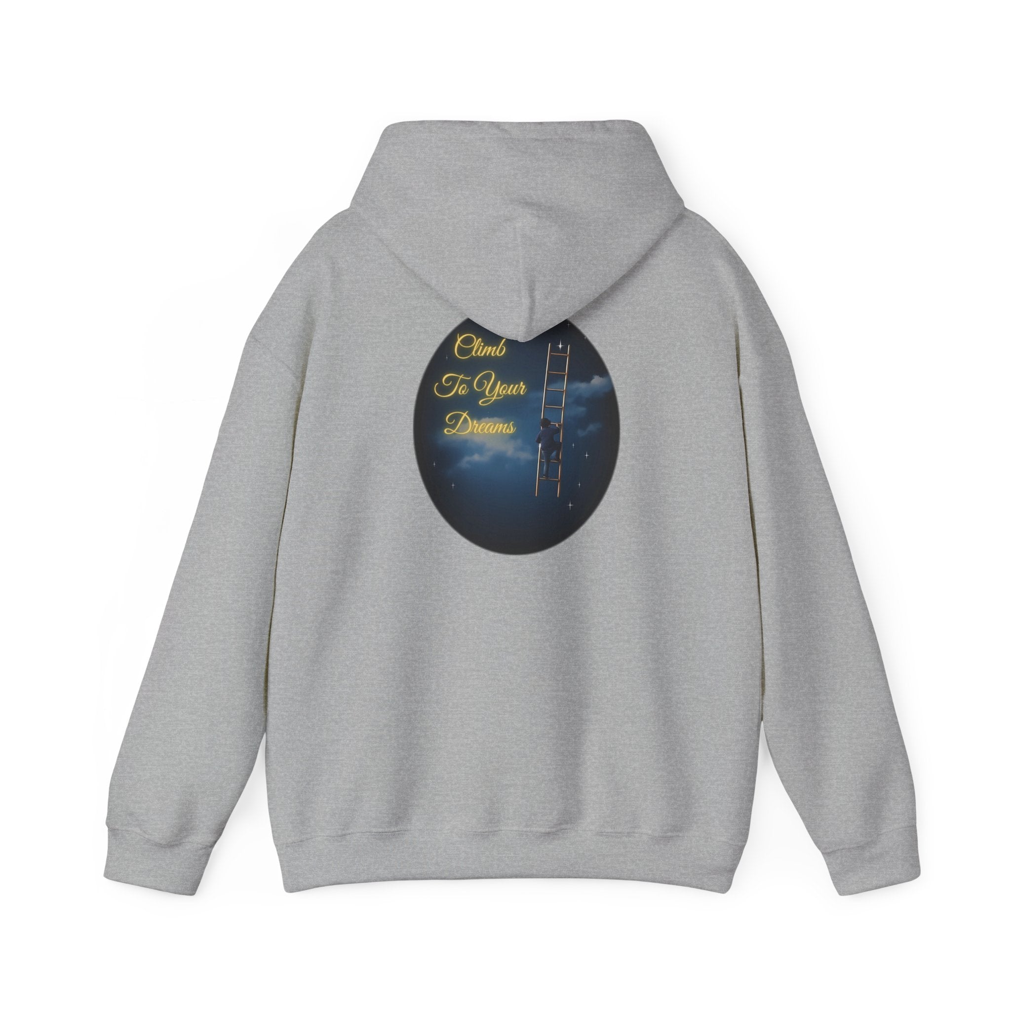 Climb To Your Dreams – Starry Night Ladder-to-Moon Back-Print Hoodie + Front Badge | Gildan 18500, Inspirational and Motivational Apparel, Gift for Dreamers, Creative Expression Wear