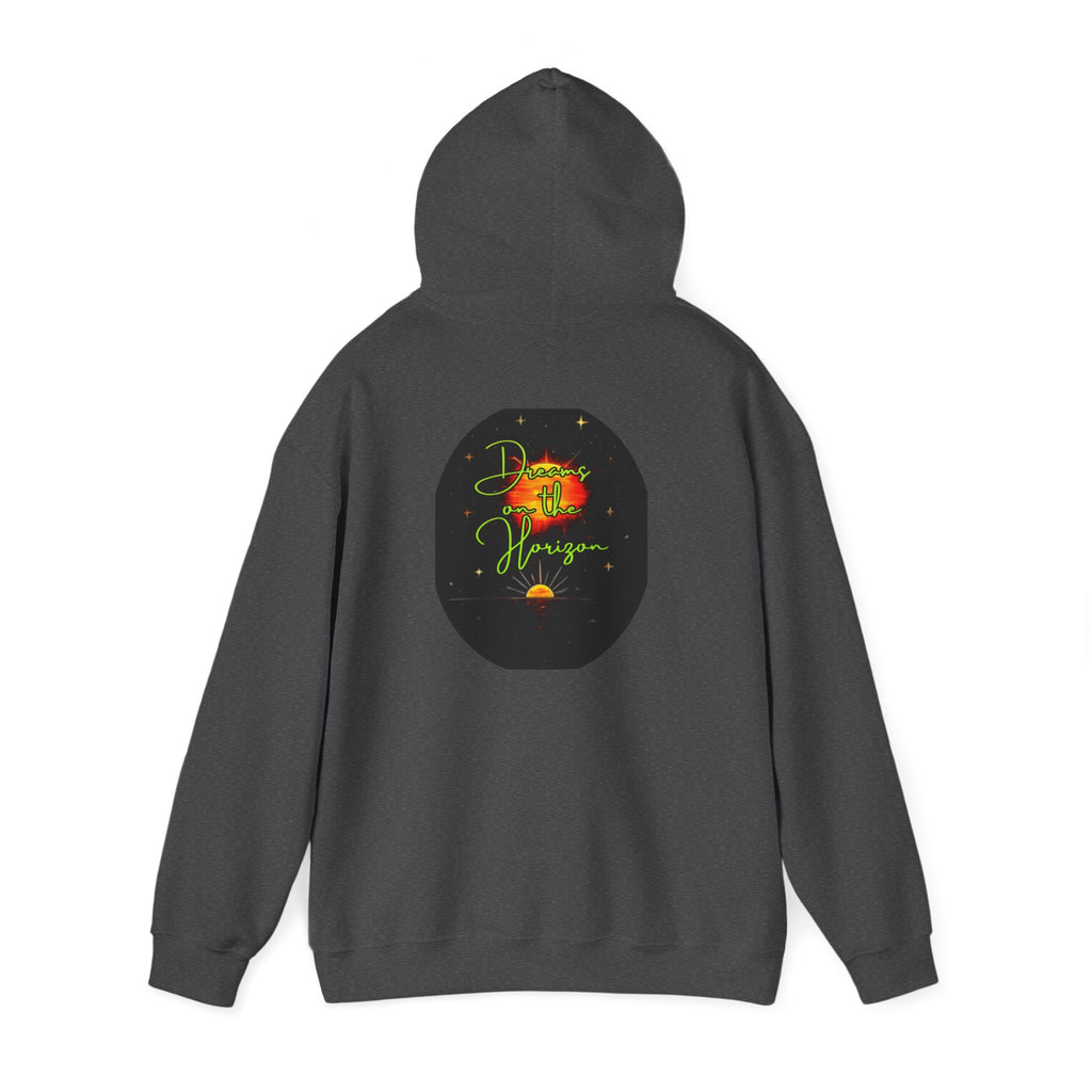 Dreams on the Horizon (Lemongrass) Sunrise Back Print Hooded Sweatshirt, Inspirational and Motivational Apparel, Gift for Dreamers, Creative Expression Wear