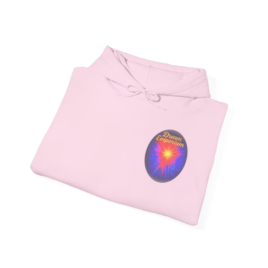Dream Emporium – Back Printed Radiant Starburst Heavy Blend™ Hooded Sweatshirt, Inspirational and Motivational Apparel, Gift for Dreamers, Creative Expression Wear