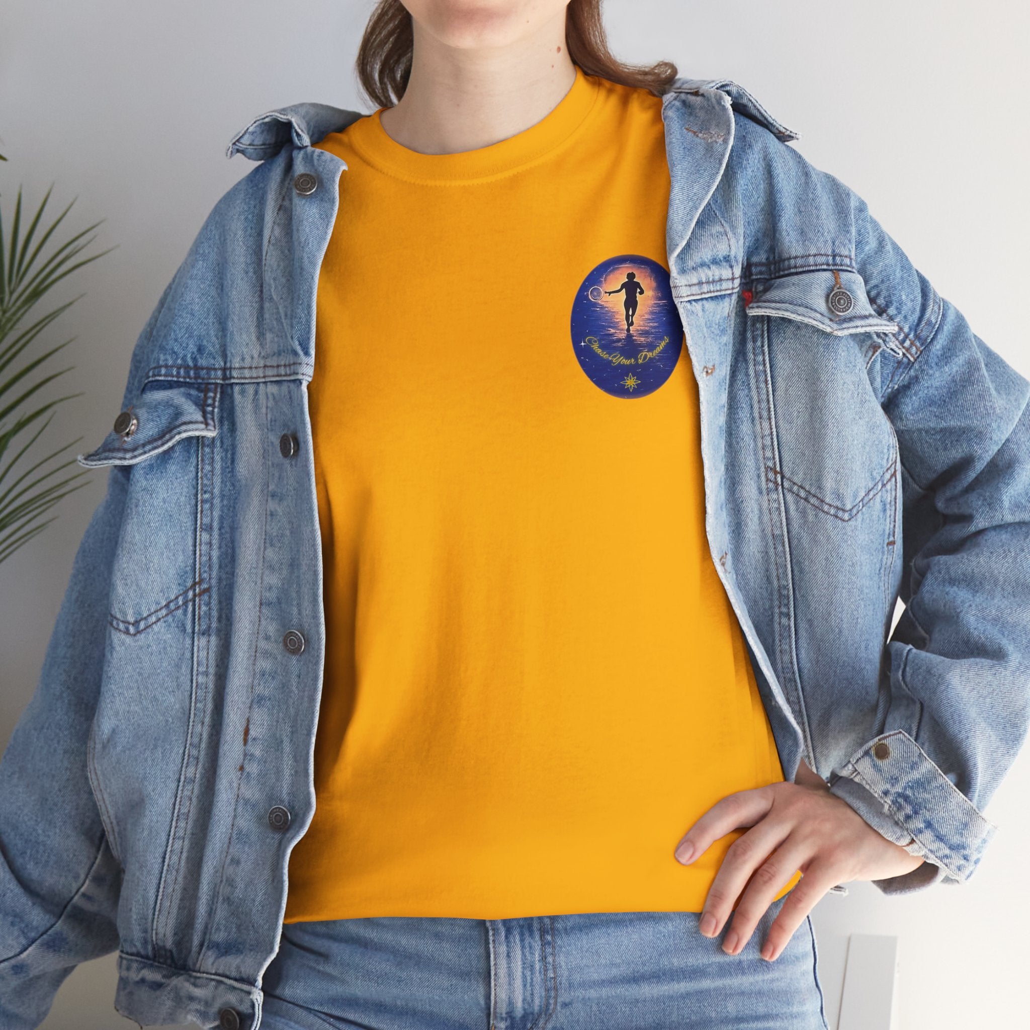 Chase Your Dreams – Sunrise Silhouette Back Printed Heavy Cotton Tee, Inspirational and Motivational Apparel, Gift for Dreamers, Creative Expression Wear