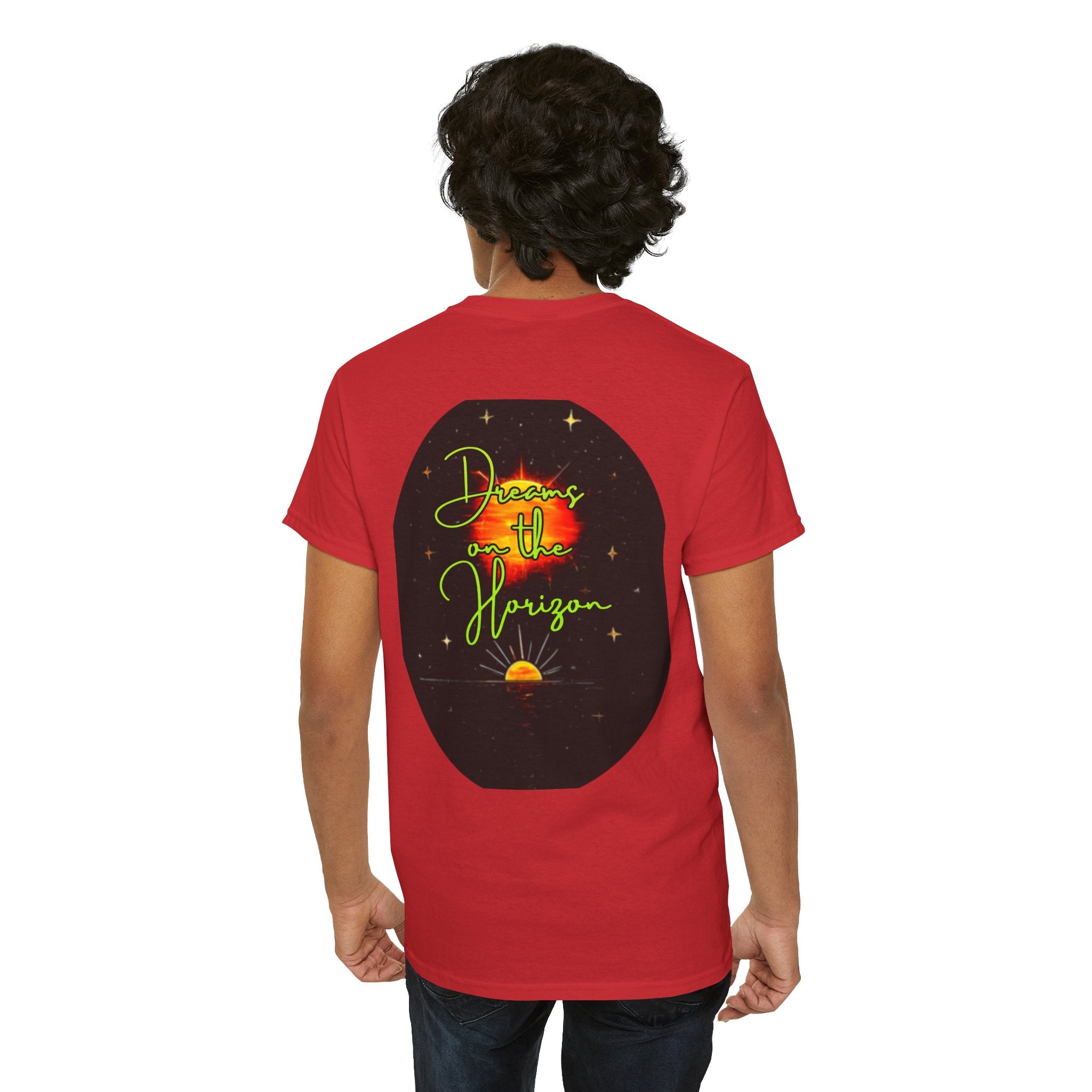 Dreams on the Horizon (Lemongrass) – Sunrise Back-Print Heavy Cotton Tee, Inspirational and Motivational Apparel, Gift for Dreamers, Creative Expression Wear