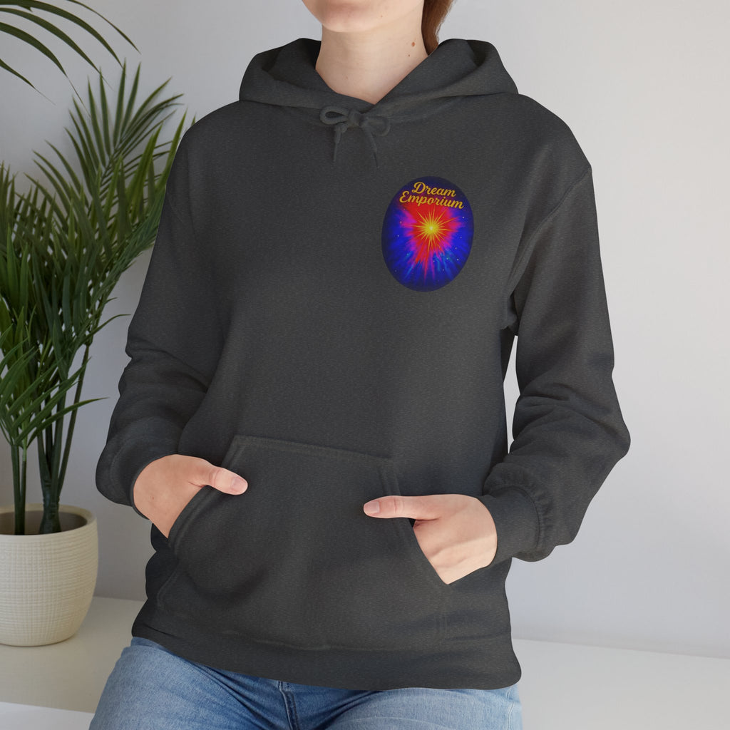 Dream Emporium – Back Printed Radiant Starburst Heavy Blend™ Hooded Sweatshirt, Inspirational and Motivational Apparel, Gift for Dreamers, Creative Expression Wear