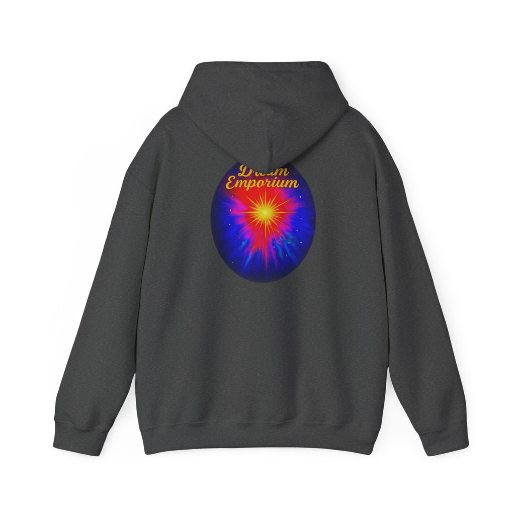 Dream Emporium – Back Printed Radiant Starburst Heavy Blend™ Hooded Sweatshirt, Inspirational and Motivational Apparel, Gift for Dreamers, Creative Expression Wear
