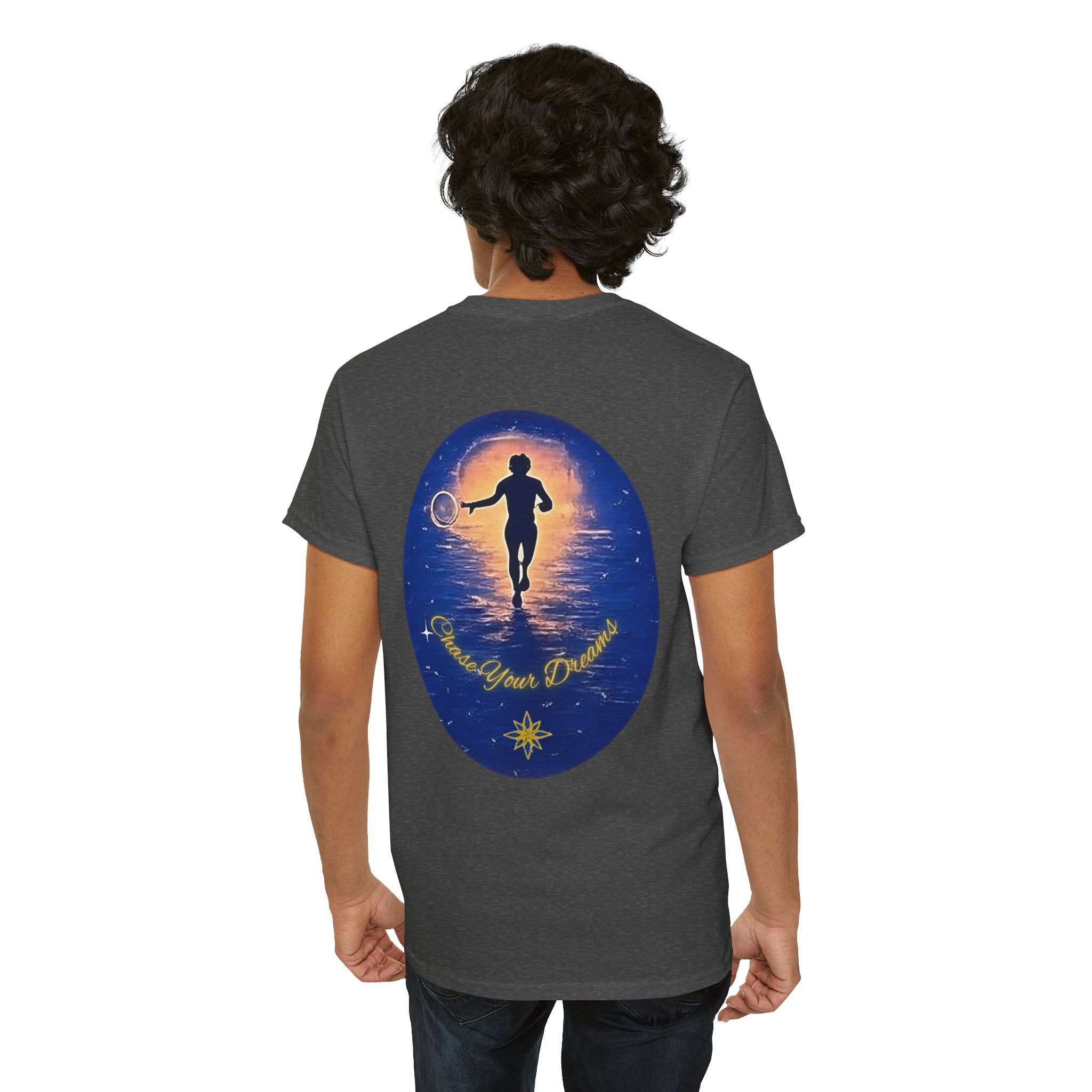 Chase Your Dreams – Sunrise Silhouette Back Printed Heavy Cotton Tee, Inspirational and Motivational Apparel, Gift for Dreamers, Creative Expression Wear