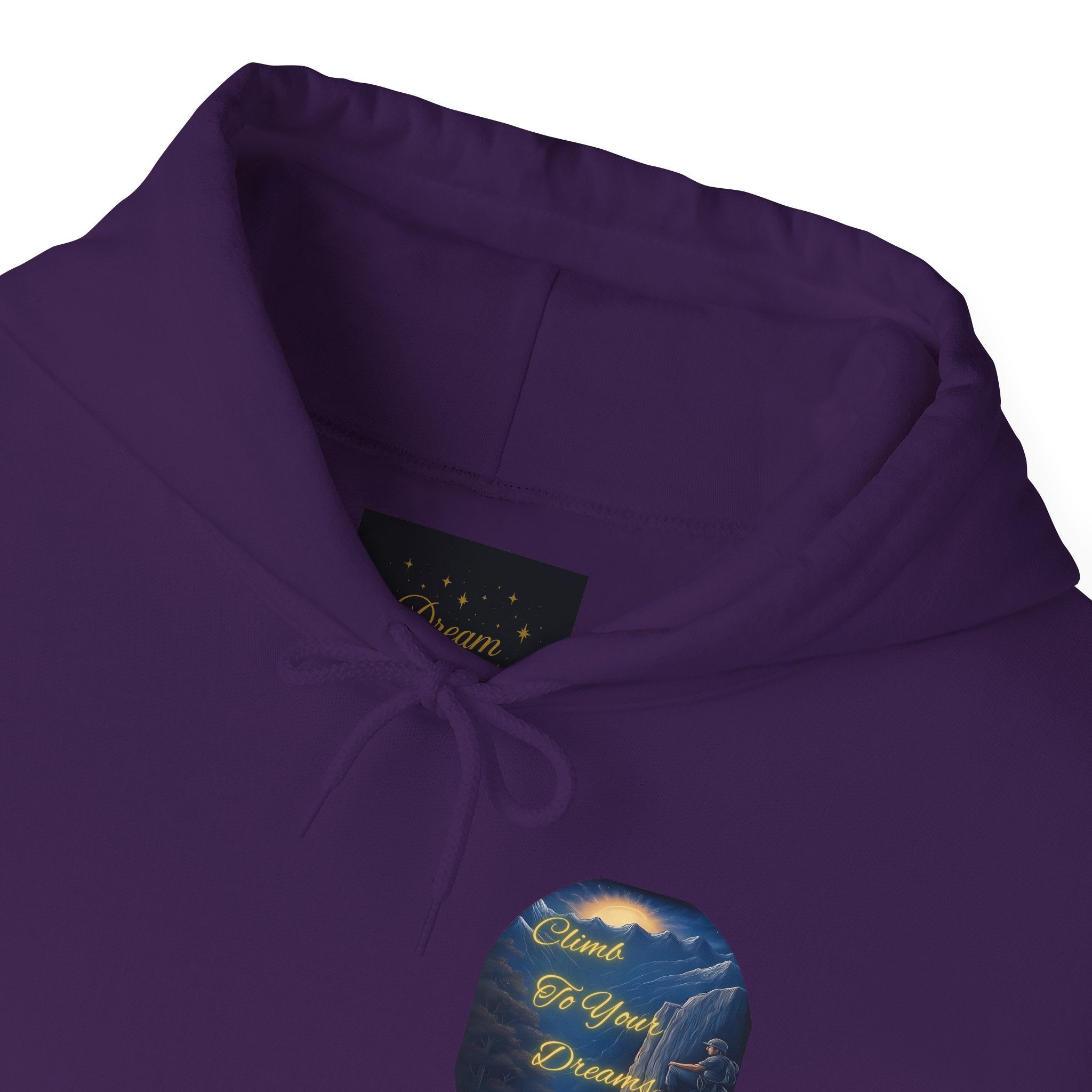 Climb To Your Dreams - Mountain Sunrise Hoodie | Back Glow Print + Front Badge | Heavy Blend™, Inspirational and Motivational Apparel, Gift for Dreamers, Creative Expression Wear