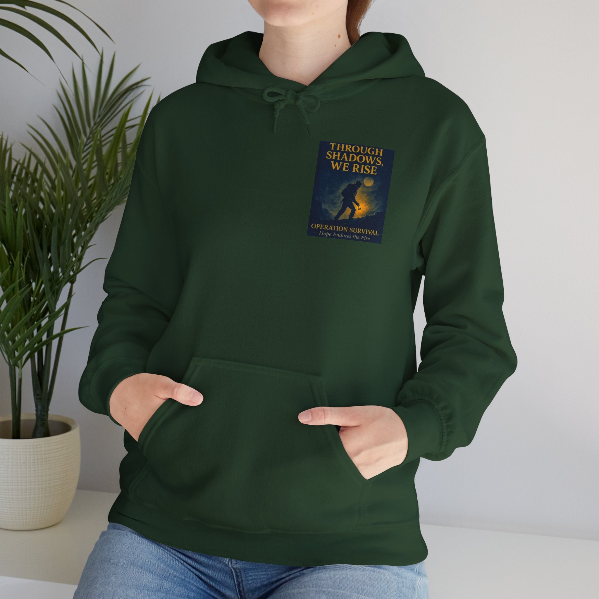 Through Shadows, We Rise – Back-print Cinematic Artwork Operation Survival Hoodie  | Gildan Heavy Blend™ 18500 — Inspirational and Motivational Apparel, Gift for Dreamers, Creative Expression Wear