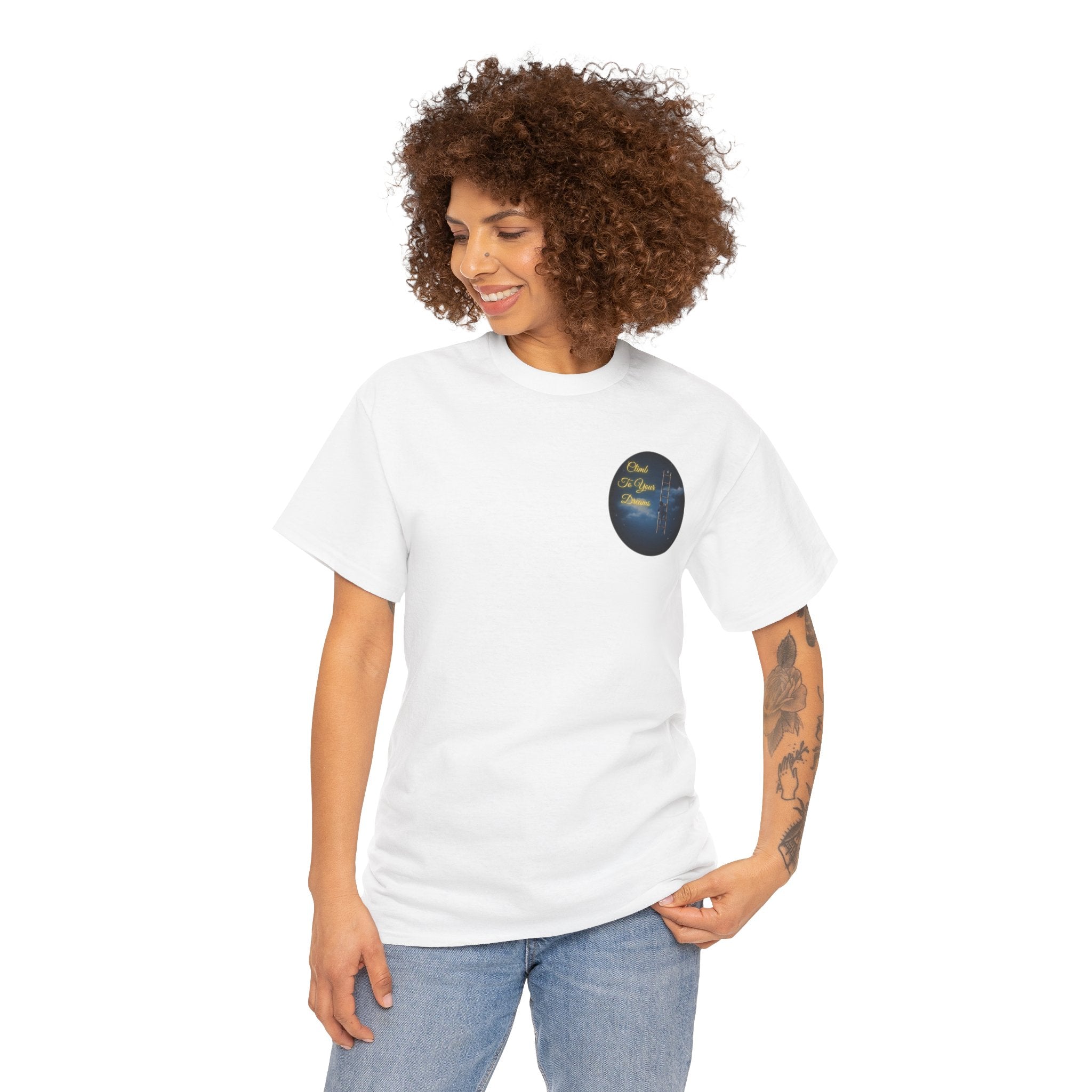 Climb To Your Dreams – Starry Night Ladder Back-Print Tee + Front Badge | Gildan 5000, Inspirational and Motivational Apparel, Gift for Dreamers, Creative Expression Wear