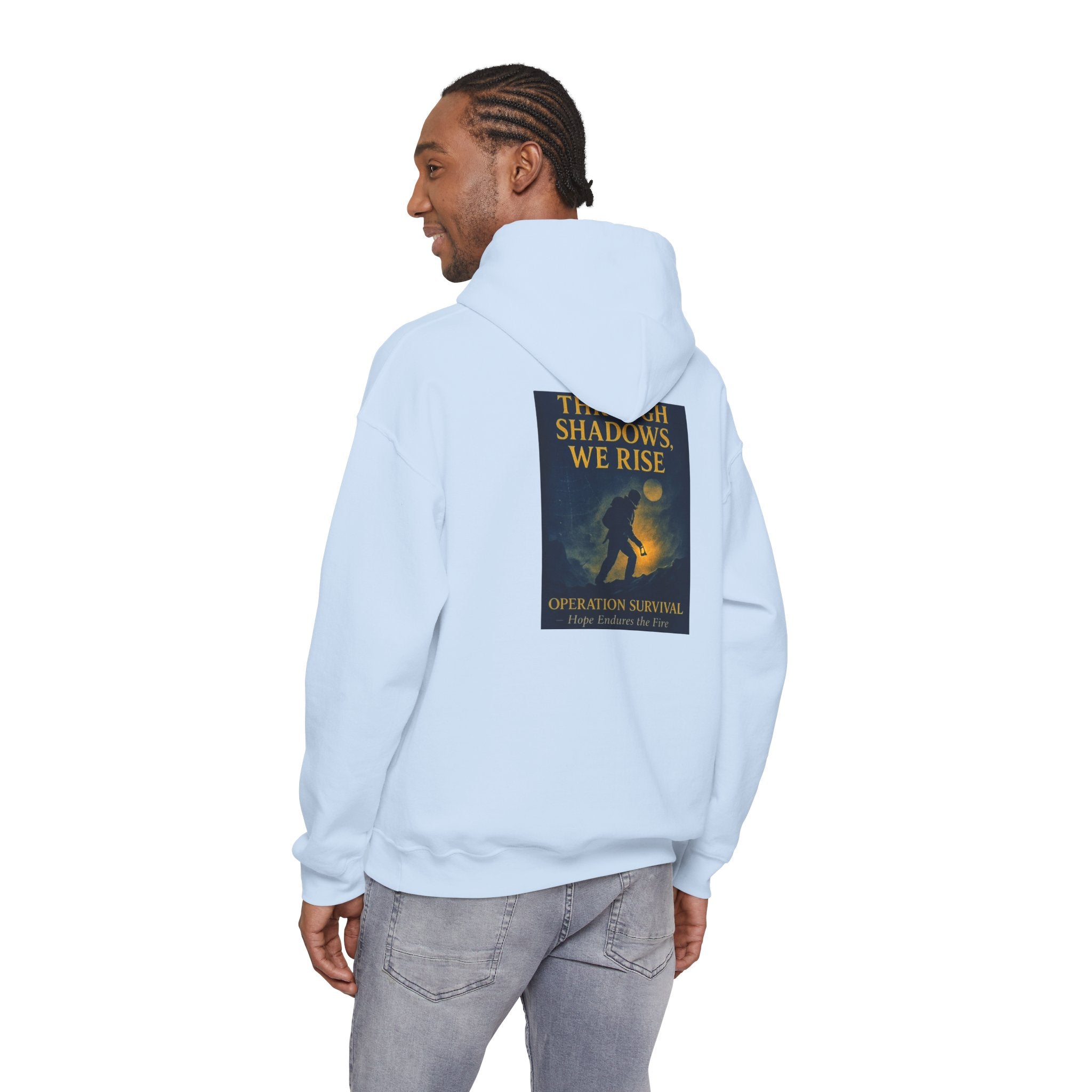 Through Shadows, We Rise – Back-print Cinematic Artwork Operation Survival Hoodie  | Gildan Heavy Blend™ 18500 — Inspirational and Motivational Apparel, Gift for Dreamers, Creative Expression Wear