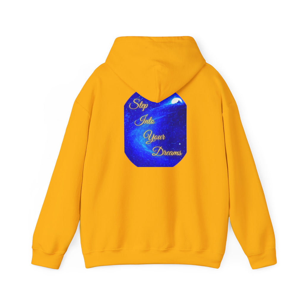 Step Into Your Dreams – Cosmic Gateway Back-print Hoodie | Tiny front badge | Gildan Heavy Blend™. Inspirational and Motivational Apparel, Gift for Dreamers, Creative Expression