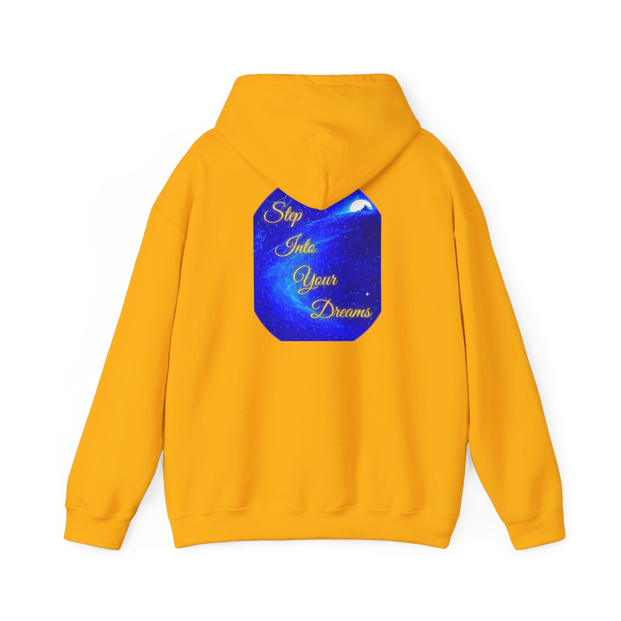 Step Into Your Dreams – Cosmic Gateway Back-print Hoodie | Tiny front badge | Gildan Heavy Blend™. Inspirational and Motivational Apparel, Gift for Dreamers, Creative Expression
