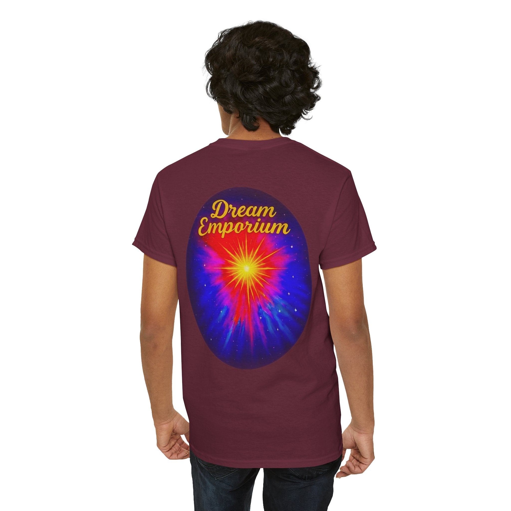 Dream Emporium – Back Printed Radiant Starburst Heavy Blend™ Cotton Tee,Inspirational and Motivational Apparel, Gift for Dreamers, Creative Expression Wear