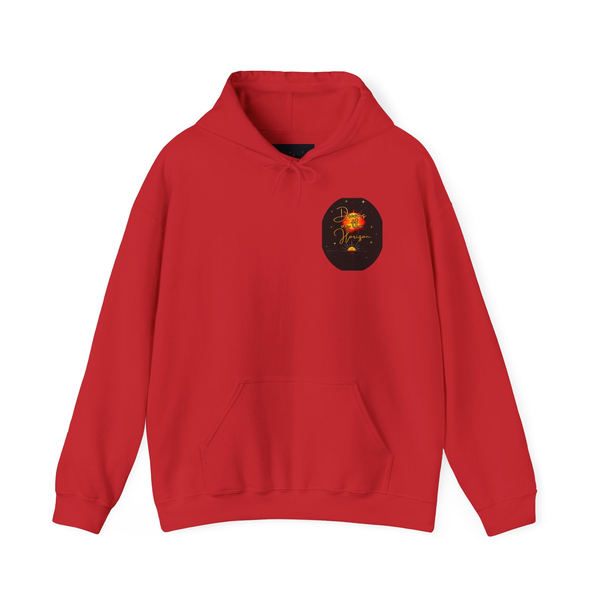Dreams on the Horizon Sunrise Back Print Hooded Sweatshirt, Inspirational and Motivational Apparel, Gift for Dreamers, Creative Expression Wear