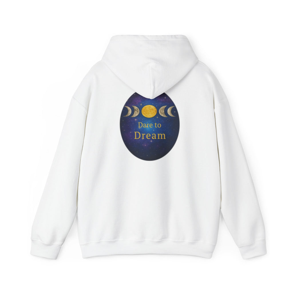 Dare to Dream Moon-Phase Hoodie | Back Glow Print + Front Badge | Heavy Blend™, Inspirational and Motivational Apparel, Gift for Dreamers, Creative Expression Wear