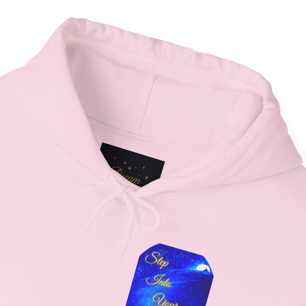 Step Into Your Dreams – Cosmic Gateway Back-print Hoodie | Tiny front badge | Gildan Heavy Blend™. Inspirational and Motivational Apparel, Gift for Dreamers, Creative Expression