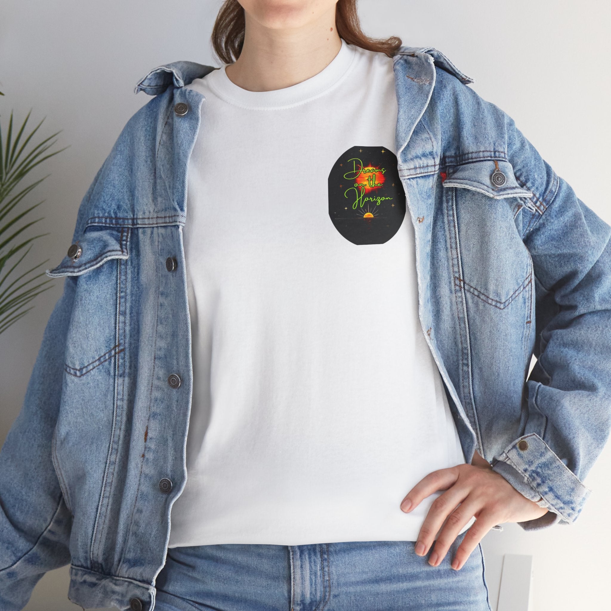 Dreams on the Horizon (Lemongrass) – Sunrise Back-Print Heavy Cotton Tee, Inspirational and Motivational Apparel, Gift for Dreamers, Creative Expression Wear