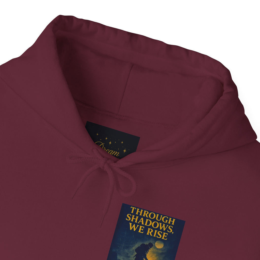Through Shadows, We Rise – Back-print Cinematic Artwork Operation Survival Hoodie  | Gildan Heavy Blend™ 18500 — Inspirational and Motivational Apparel, Gift for Dreamers, Creative Expression Wear