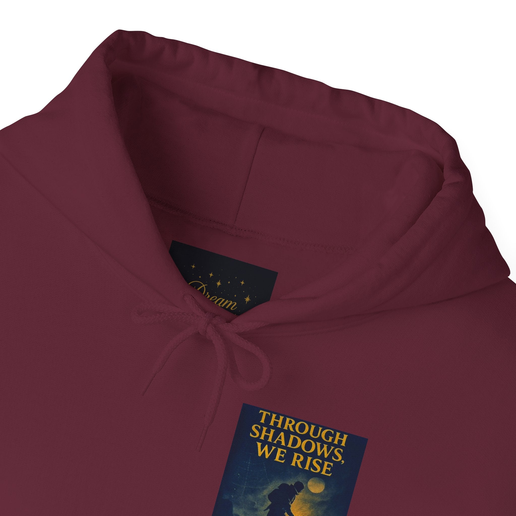 Through Shadows, We Rise – Back-print Cinematic Artwork Operation Survival Hoodie  | Gildan Heavy Blend™ 18500 — Inspirational and Motivational Apparel, Gift for Dreamers, Creative Expression Wear