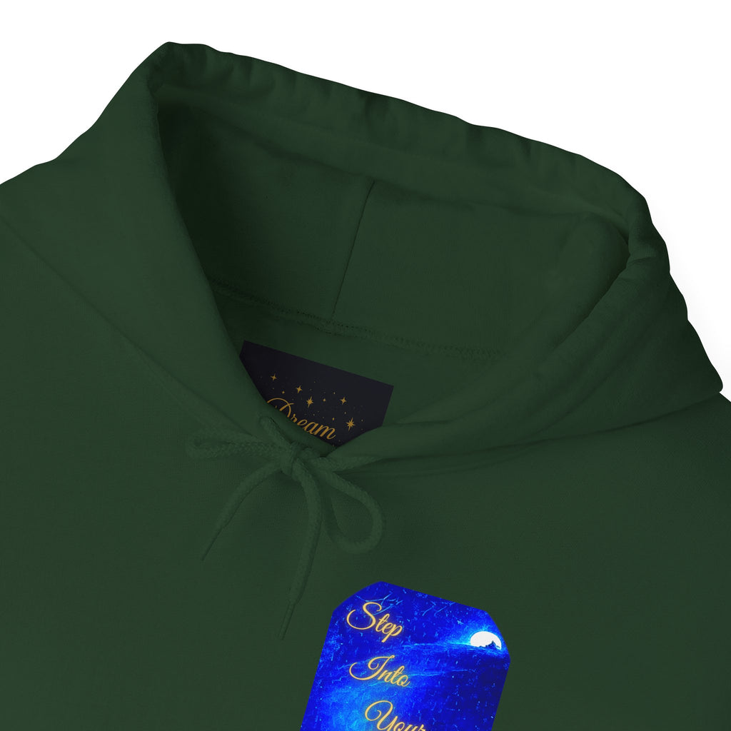 Step Into Your Dreams – Cosmic Gateway Back-print Hoodie | Tiny front badge | Gildan Heavy Blend™. Inspirational and Motivational Apparel, Gift for Dreamers, Creative Expression
