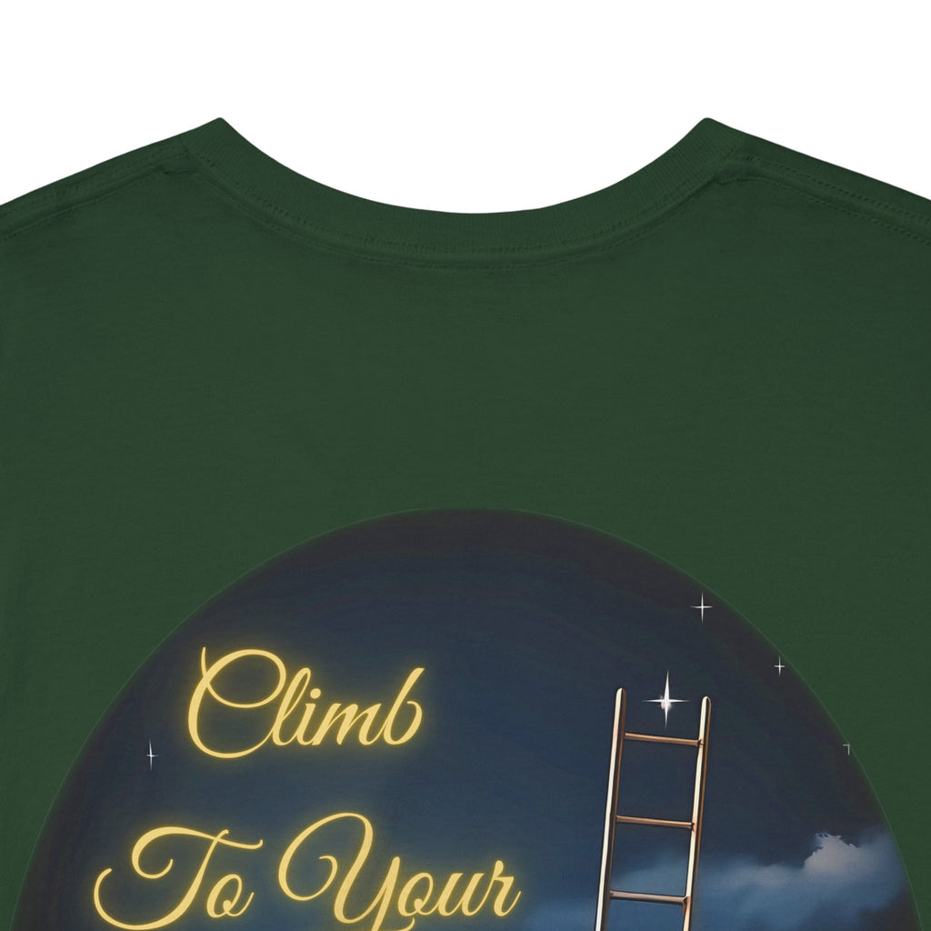 Climb To Your Dreams – Starry Night Ladder Back-Print Tee + Front Badge | Gildan 5000, Inspirational and Motivational Apparel, Gift for Dreamers, Creative Expression Wear