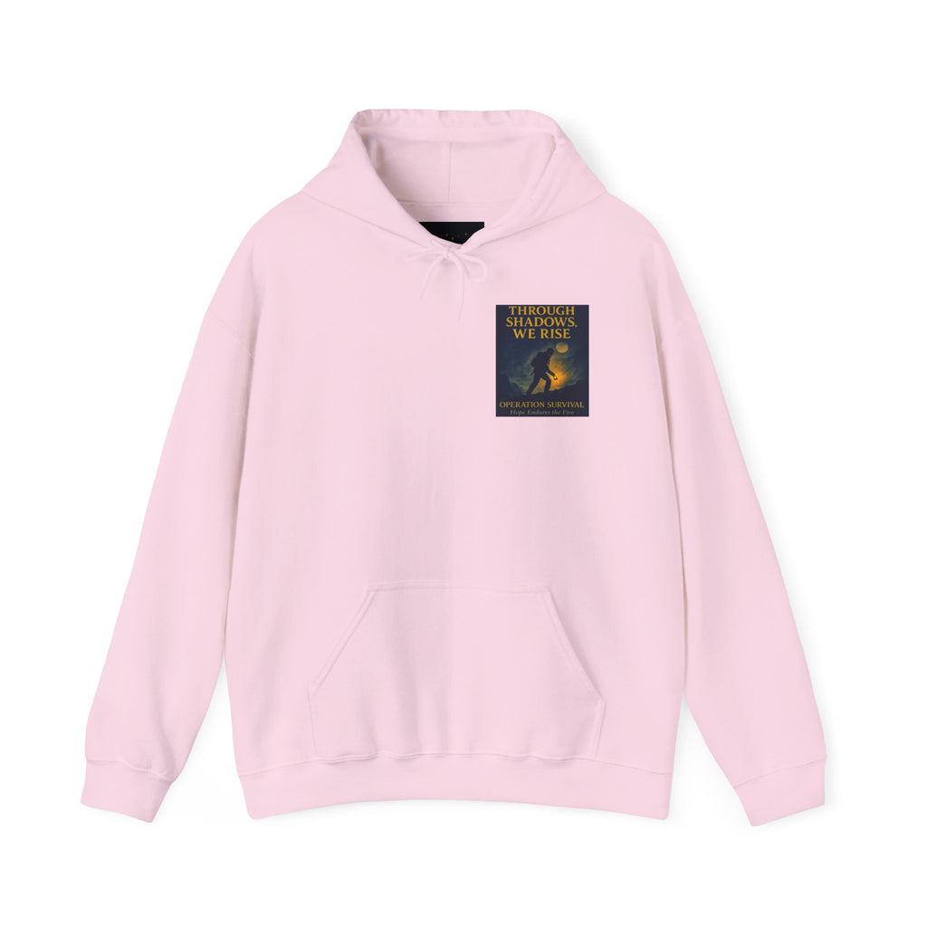 Through Shadows, We Rise – Back-print Cinematic Artwork Operation Survival Hoodie  | Gildan Heavy Blend™ 18500 — Inspirational and Motivational Apparel, Gift for Dreamers, Creative Expression Wear