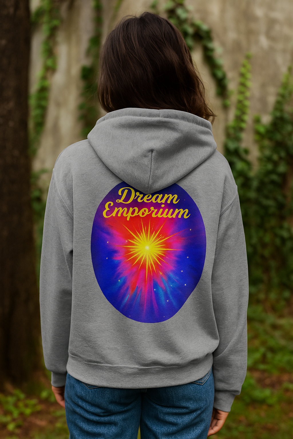 Dream Emporium – Back Printed Radiant Starburst Heavy Blend™ Hooded Sweatshirt, Inspirational and Motivational Apparel, Gift for Dreamers, Creative Expression Wear