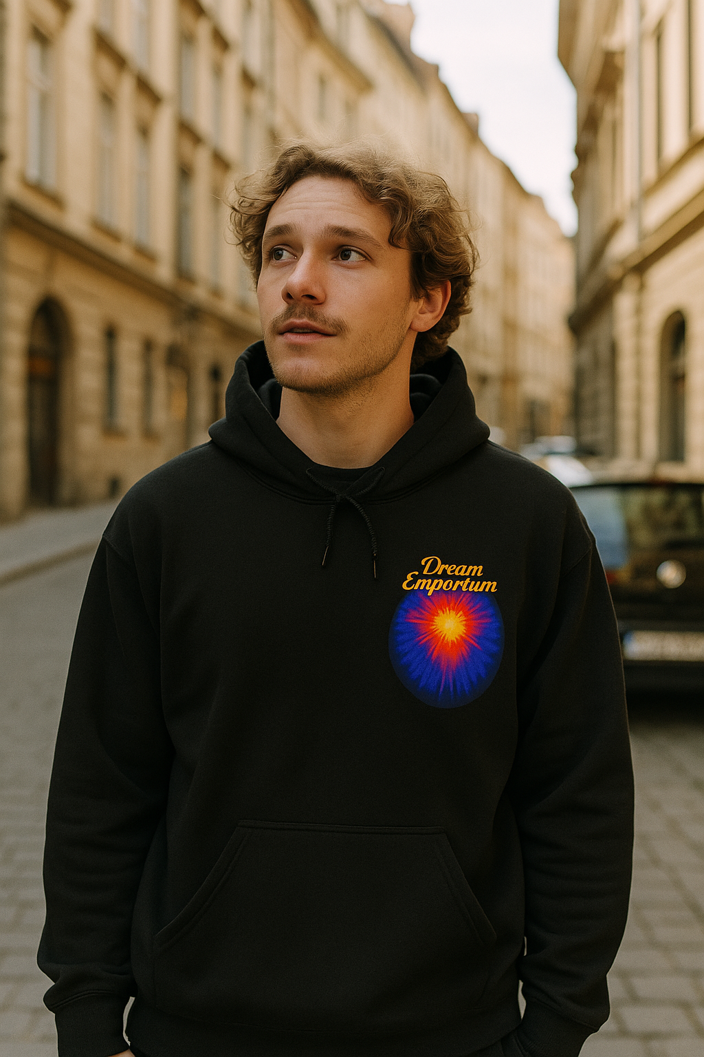 Dream Emporium – Back Printed Radiant Starburst Heavy Blend™ Hooded Sweatshirt, Inspirational and Motivational Apparel, Gift for Dreamers, Creative Expression Wear