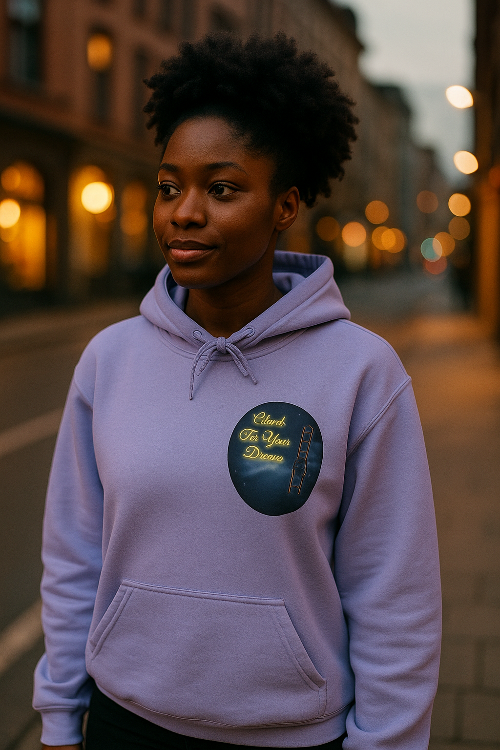 Climb To Your Dreams – Starry Night Ladder-to-Moon Back-Print Hoodie + Front Badge | Gildan 18500, Inspirational and Motivational Apparel, Gift for Dreamers, Creative Expression Wear