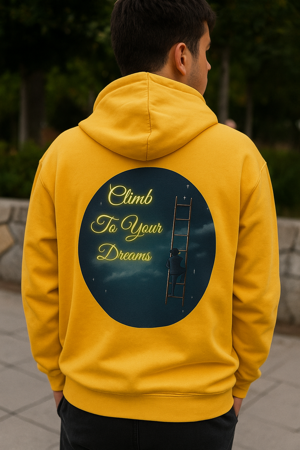 Climb To Your Dreams – Starry Night Ladder-to-Moon Back-Print Hoodie + Front Badge | Gildan 18500, Inspirational and Motivational Apparel, Gift for Dreamers, Creative Expression Wear