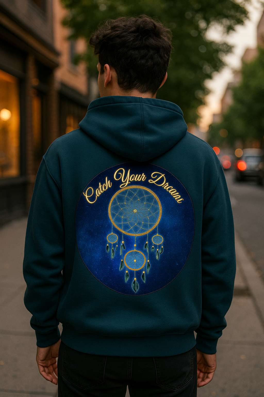 Catch Your Dream – Dreamcatcher Back Print Hooded Sweatshirt, Inspirational and Motivational Apparel, Gift for Dreamers, Creative Expression Wear