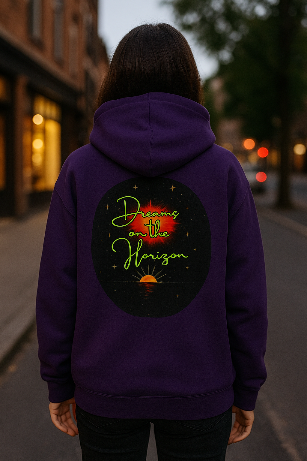 Dreams on the Horizon (Lemongrass) Sunrise Back Print Hooded Sweatshirt, Inspirational and Motivational Apparel, Gift for Dreamers, Creative Expression Wear