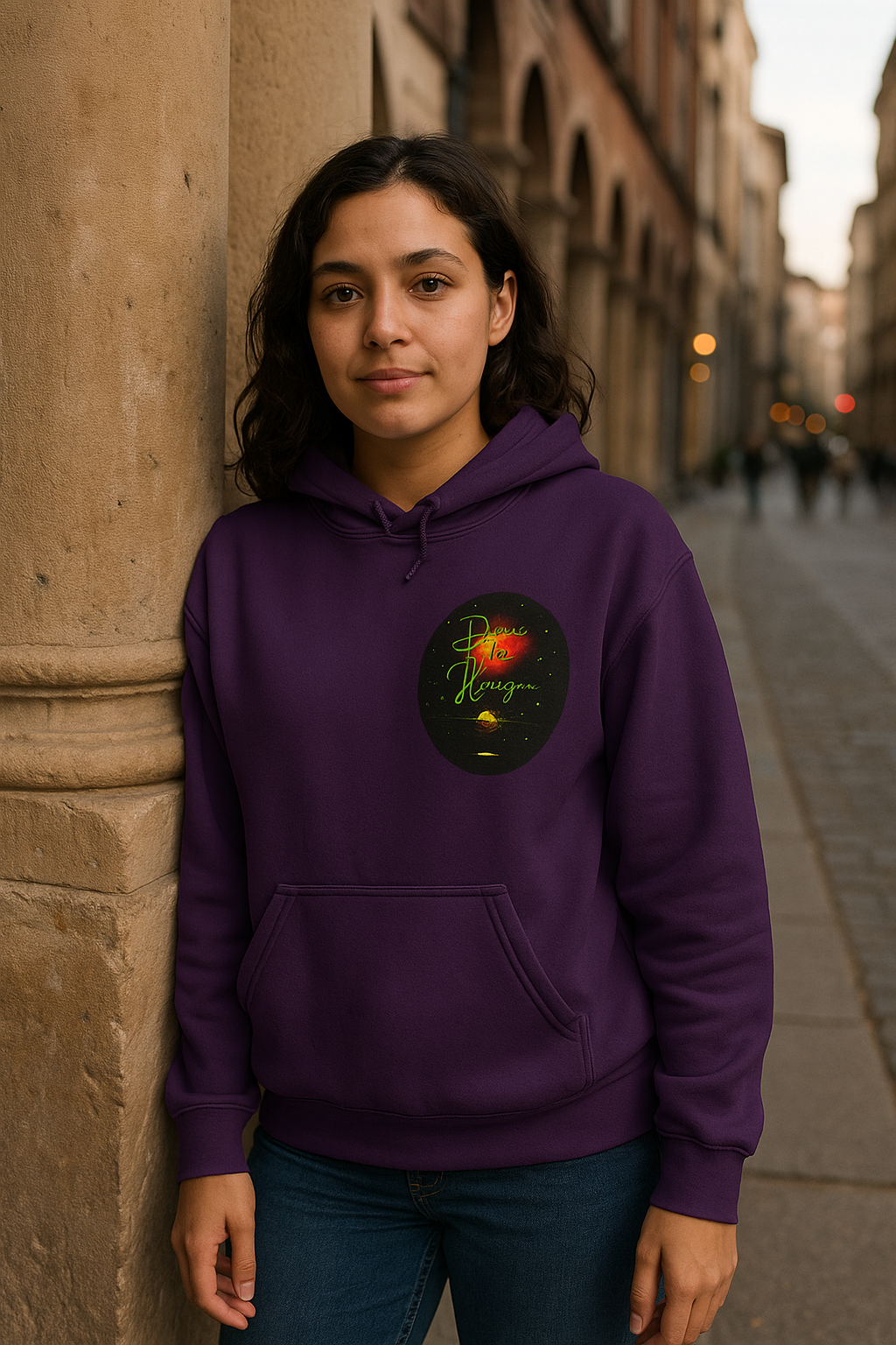 Dreams on the Horizon (Lemongrass) Sunrise Back Print Hooded Sweatshirt, Inspirational and Motivational Apparel, Gift for Dreamers, Creative Expression Wear