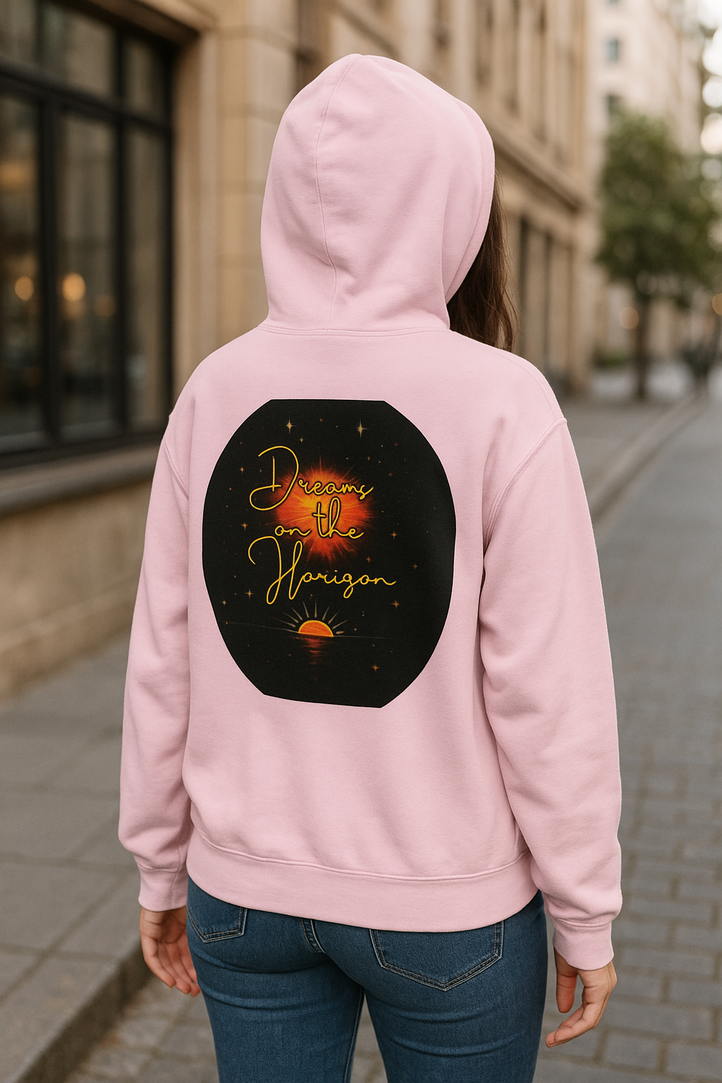 Dreams on the Horizon Sunrise Back Print Hooded Sweatshirt, Inspirational and Motivational Apparel, Gift for Dreamers, Creative Expression Wear