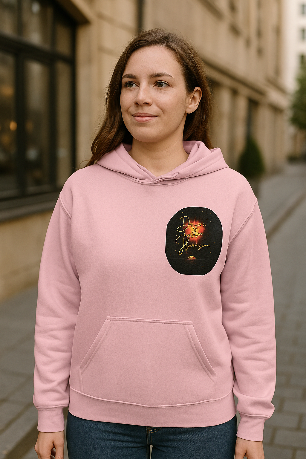 Dreams on the Horizon Sunrise Back Print Hooded Sweatshirt, Inspirational and Motivational Apparel, Gift for Dreamers, Creative Expression Wear