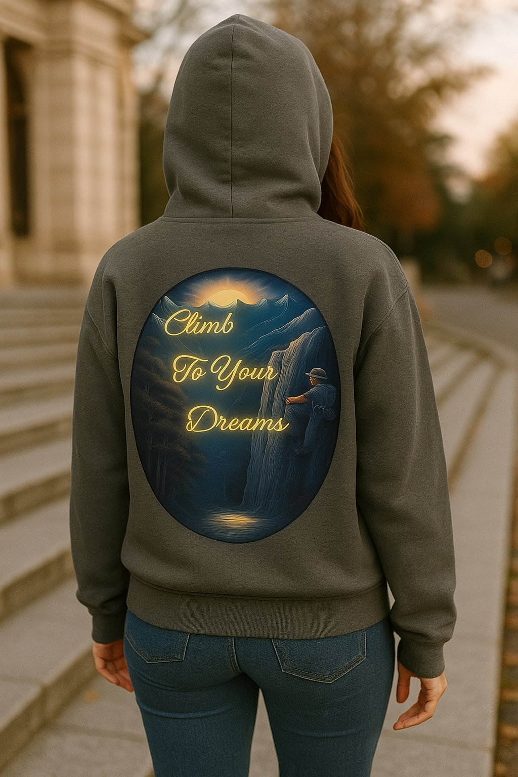 Climb To Your Dreams - Mountain Sunrise Hoodie | Back Glow Print + Front Badge | Heavy Blend™, Inspirational and Motivational Apparel, Gift for Dreamers, Creative Expression Wear