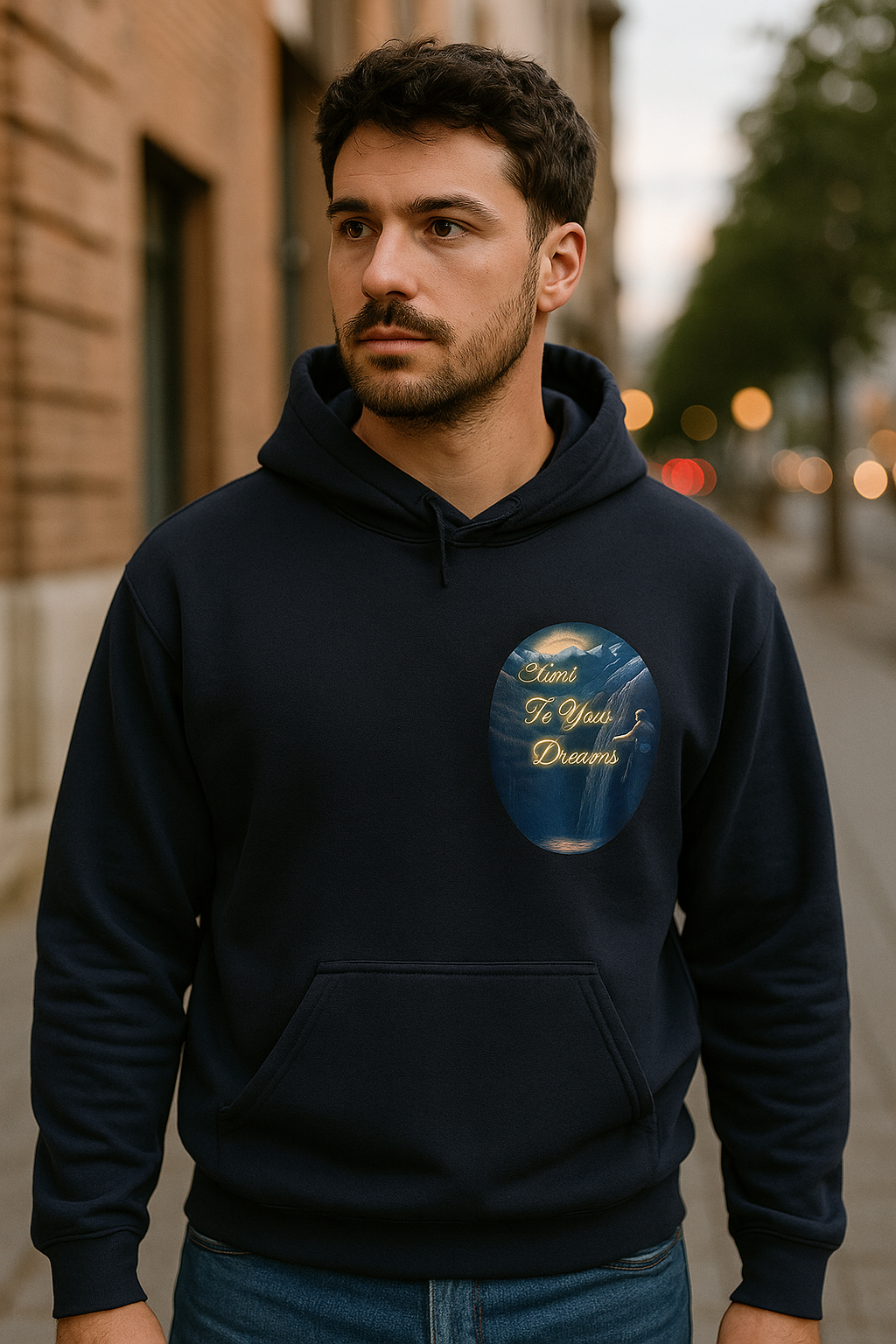 Climb To Your Dreams - Mountain Sunrise Hoodie | Back Glow Print + Front Badge | Heavy Blend™, Inspirational and Motivational Apparel, Gift for Dreamers, Creative Expression Wear