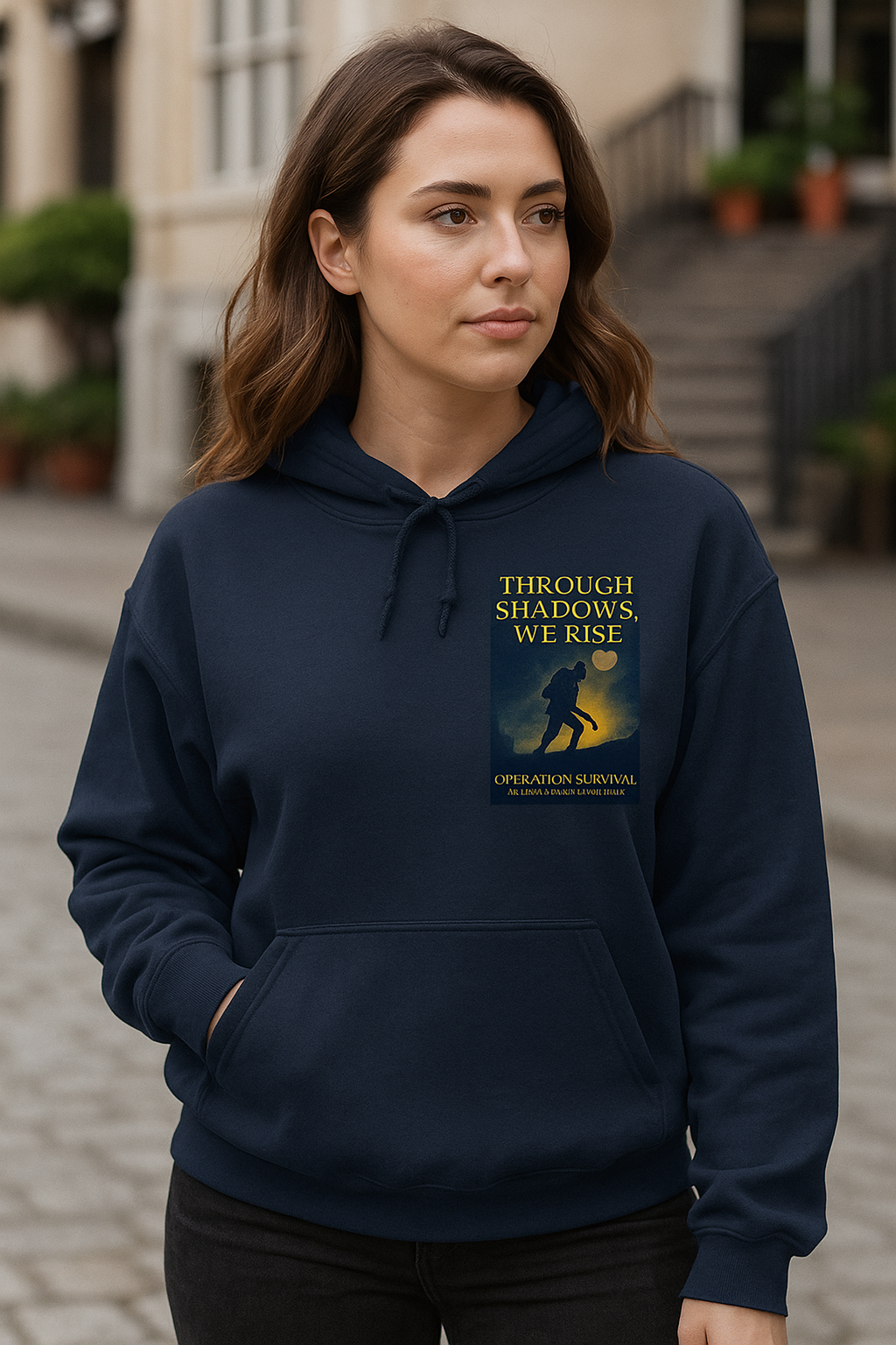 Through Shadows, We Rise – Back-print Cinematic Artwork Operation Survival Hoodie  | Gildan Heavy Blend™ 18500 — Inspirational and Motivational Apparel, Gift for Dreamers, Creative Expression Wear