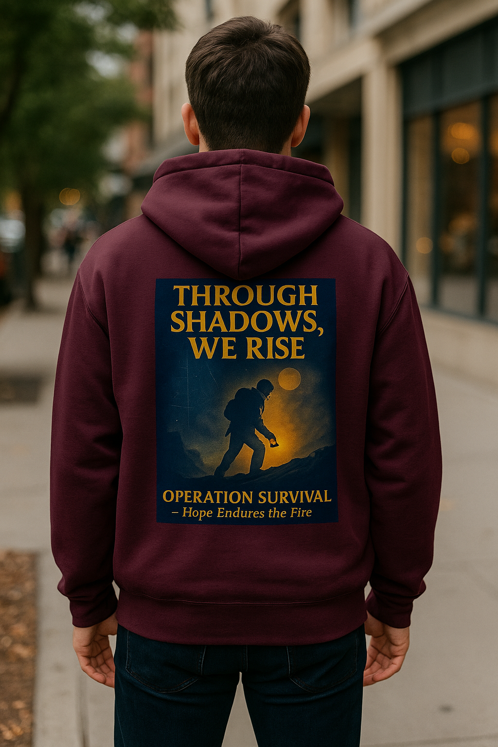Through Shadows, We Rise – Back-print Cinematic Artwork Operation Survival Hoodie  | Gildan Heavy Blend™ 18500 — Inspirational and Motivational Apparel, Gift for Dreamers, Creative Expression Wear