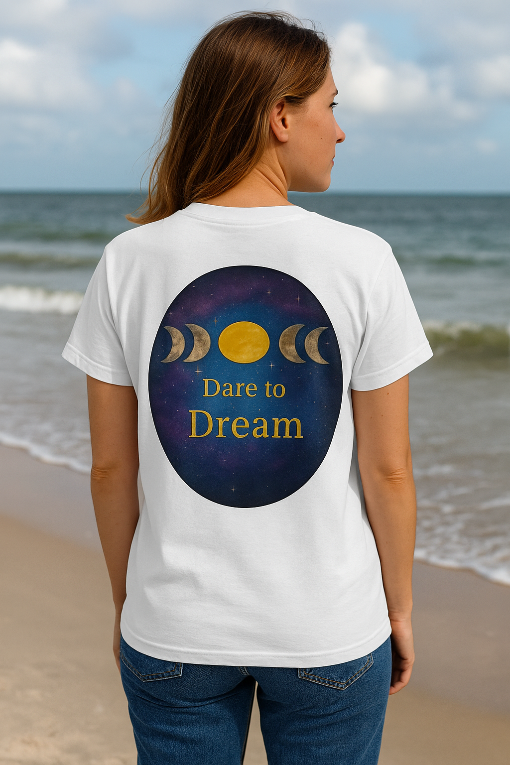 Dare to Dream Moon-Phase Tee – Golden Full Moon Back Print + Front Badge | Gildan 5000 Heavy Cotton, Inspirational and Motivational Apparel, Gift for Dreamers, Creative Expression Wear