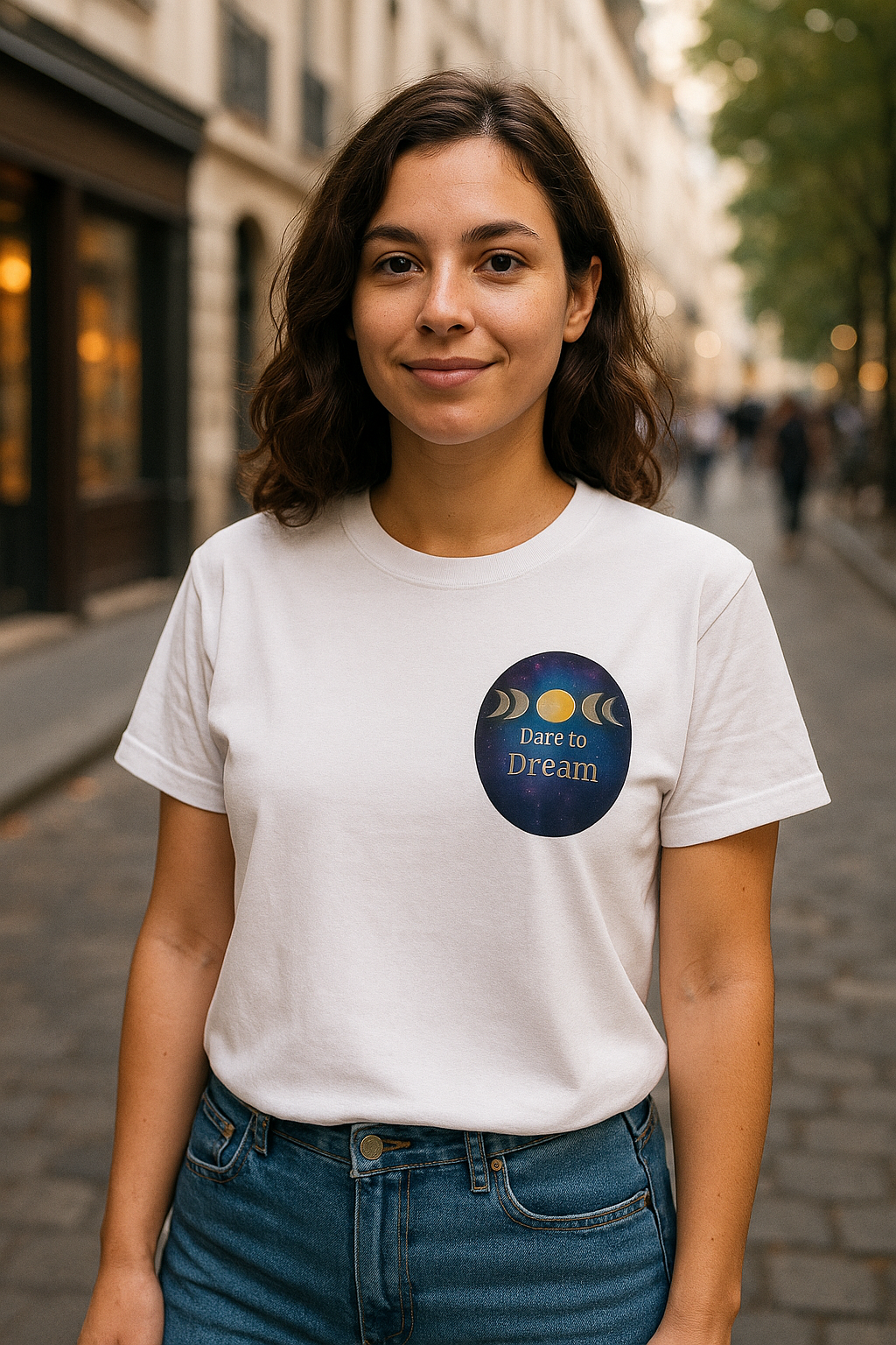 Dare to Dream Moon-Phase Tee – Golden Full Moon Back Print + Front Badge | Gildan 5000 Heavy Cotton, Inspirational and Motivational Apparel, Gift for Dreamers, Creative Expression Wear