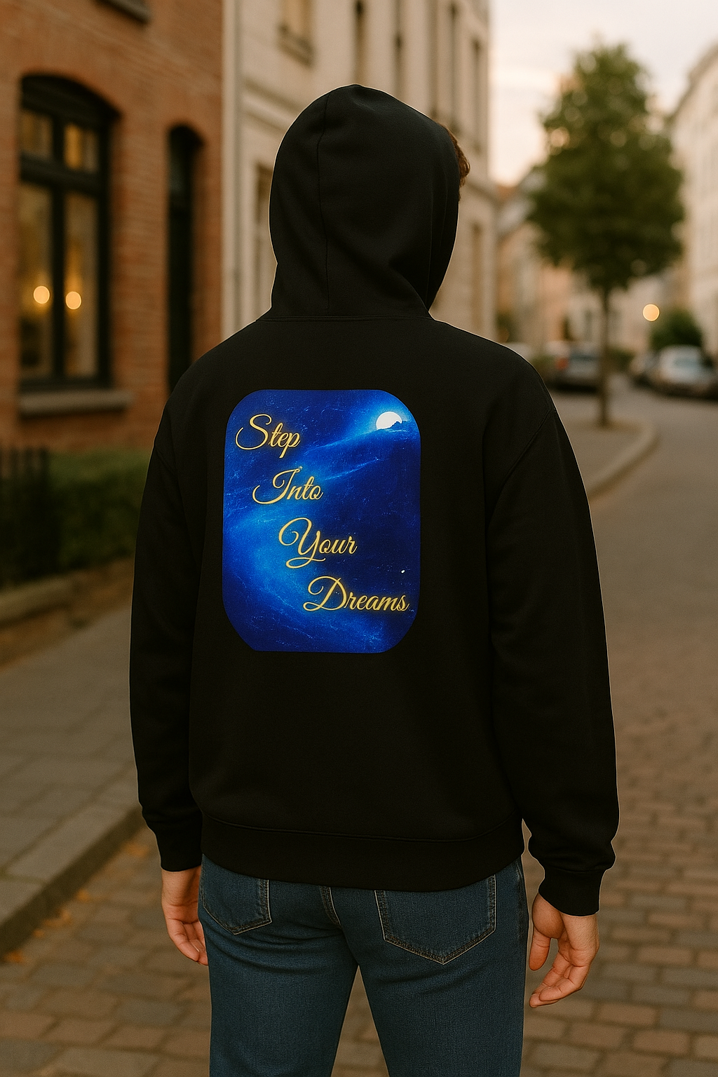 Step Into Your Dreams – Cosmic Gateway Back-print Hoodie | Tiny front badge | Gildan Heavy Blend™. Inspirational and Motivational Apparel, Gift for Dreamers, Creative Expression