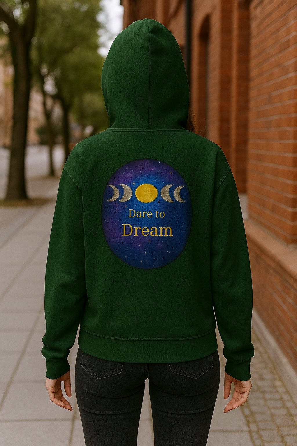 Dare to Dream Moon-Phase Hoodie | Back Glow Print + Front Badge | Heavy Blend™, Inspirational and Motivational Apparel, Gift for Dreamers, Creative Expression Wear