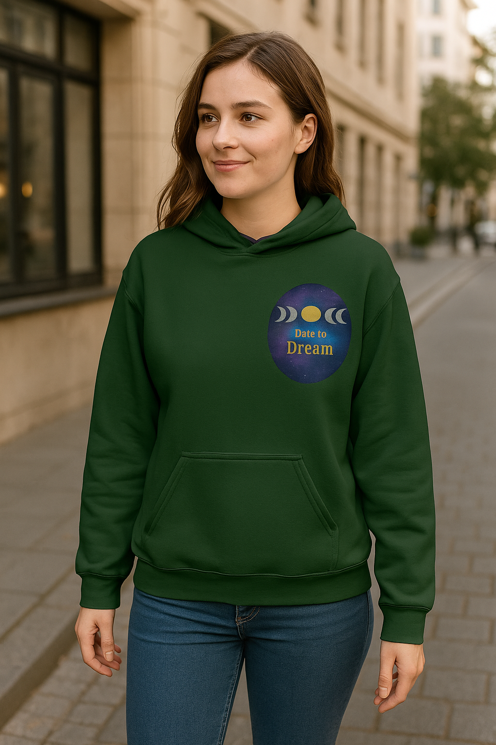 Dare to Dream Moon-Phase Hoodie | Back Glow Print + Front Badge | Heavy Blend™, Inspirational and Motivational Apparel, Gift for Dreamers, Creative Expression Wear